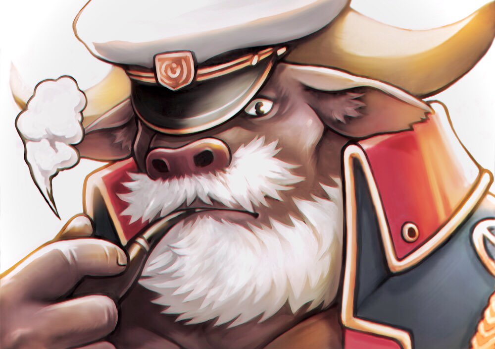 ahab_(tas) anthro beard bovid bovine clothing eyebrows facial_hair hair hat headgear headwear kemokemumaki lifewonders male mammal mature_male mustache pipe sailor scar smoking solo thick_eyebrows tokyo_afterschool_summoners true_buffalo water_buffalo white_hair