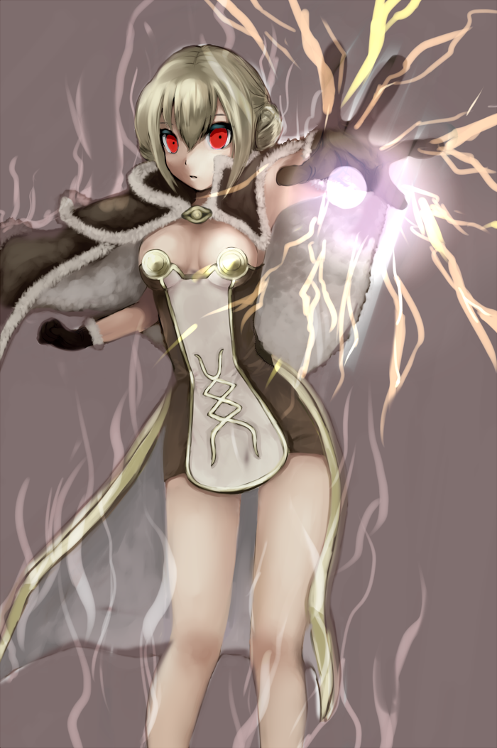 1girl bio_lab blonde_hair breasts breasts_apart brown_cape brown_dress brown_gloves cape closed_mouth commentary_request double_bun dress electricity electrokinesis expressionless feet_out_of_frame fur-trimmed_cape fur-trimmed_gloves fur_trim gloves grey_background hair_between_eyes hair_bun high_wizard_(ragnarok_online) kathryne_keyron layered_dress looking_at_viewer magic medium_bangs medium_breasts ragnarok_online red_eyes short_dress short_hair simple_background solo strapless strapless_dress two-tone_dress uzuki_kouta white_dress
