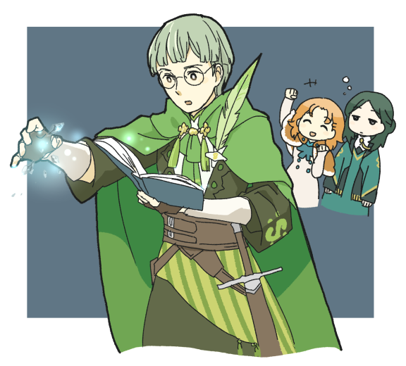 1girl annette_fantine_dominic book fire_emblem fire_emblem:_three_houses glasses green_eyes green_hair holding holding_book ignatz_victor linhardt_von_hevring open_mouth parted_bangs pirihiba round_eyewear smile upper_body