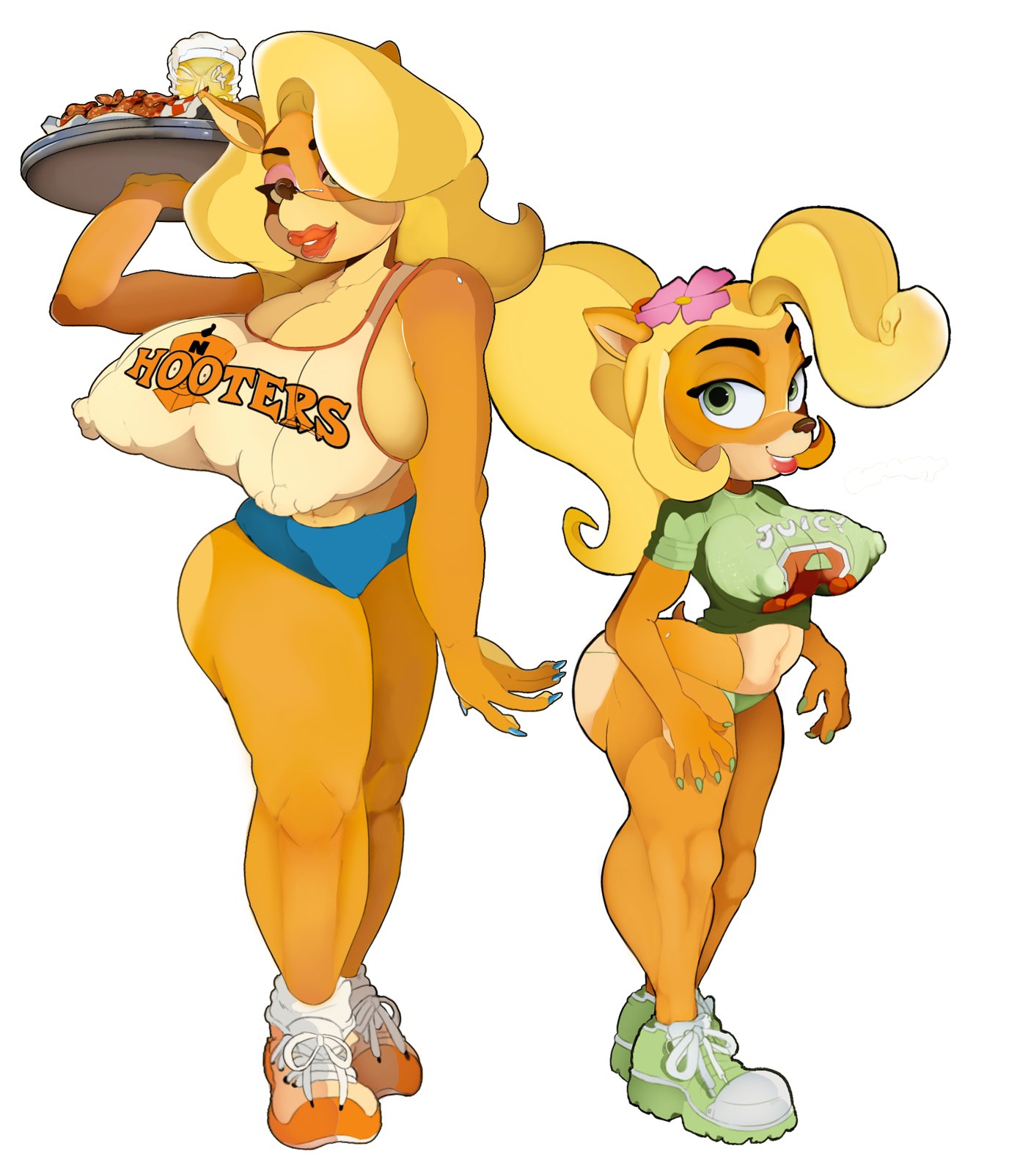 activision anthro areola bandicoot big_areola big_breasts bimbo_lip blonde_hair bottomwear breasts butt cleavage clothed clothing coco_bandicoot crabtopus crash_bandicoot_(series) duo female fur green_eyes hair hi_res hooters hooters_uniform huge_breasts lips looking_at_viewer mammal marsupial navel nipple_outline nipples puffy_areola puffy_nipples shorts tawna_bandicoot thick_thighs thong tight_clothing underwear wide_hips