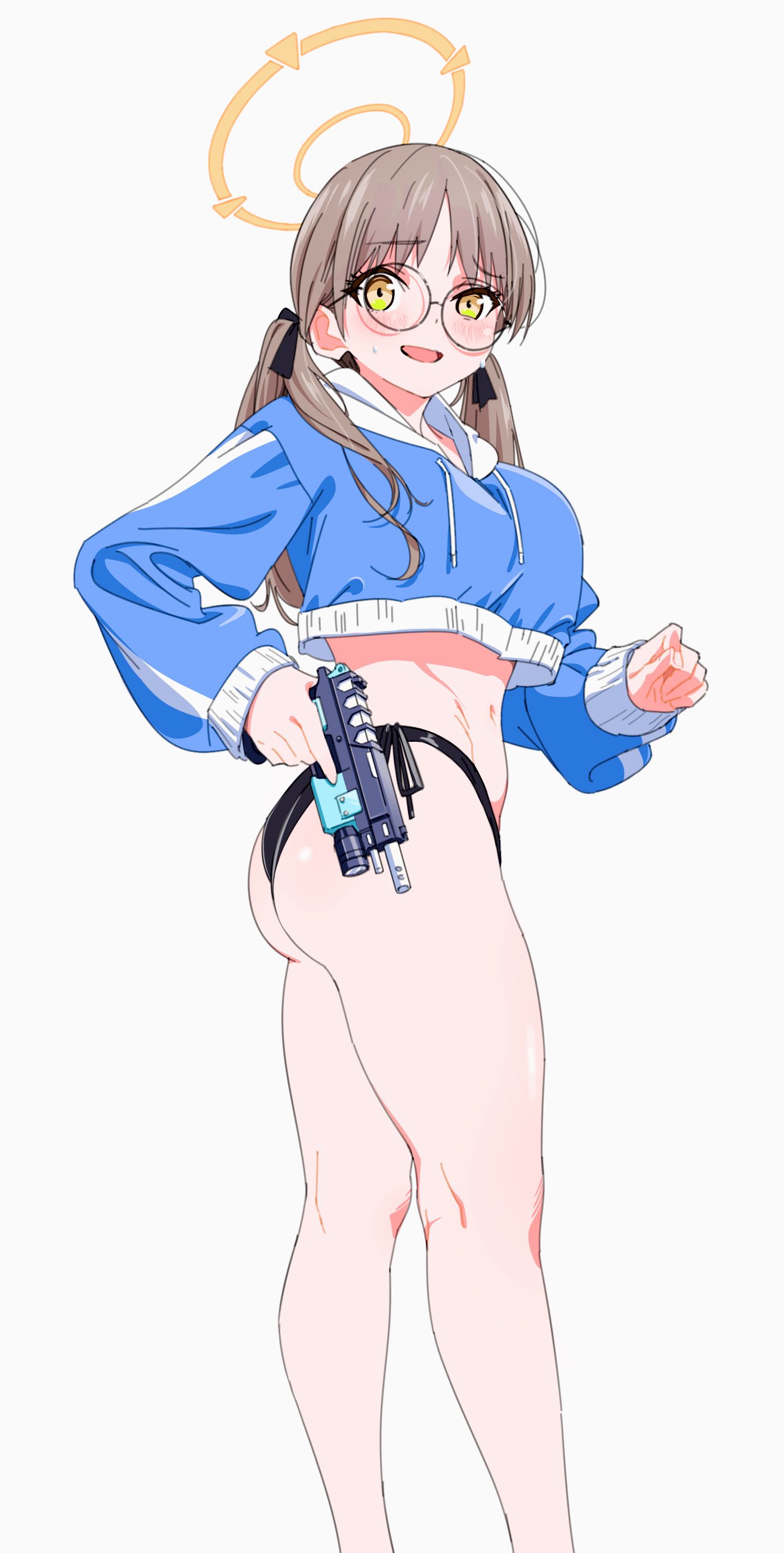1girl absurdres ass bikini bikini_bottom_only black_bikini black_bikini_bottom black_ribbon blue_archive blue_hoodie blush commentary cropped_hoodie drawstring feet_out_of_frame glasses gun hair_ribbon halo handgun highres holding holding_gun holding_weapon hood hoodie kneepits legs light_brown_hair long_hair long_sleeves looking_at_viewer moe_(blue_archive) moe_(swimsuit)_(blue_archive) official_alternate_costume open_mouth ribbon round_eyewear saitama_(antitankromeo) side-tie_bikini_bottom simple_background smile solo sweatdrop swimsuit trigger_discipline twintails twisted_torso weapon white_background white_hood yellow_eyes yellow_halo