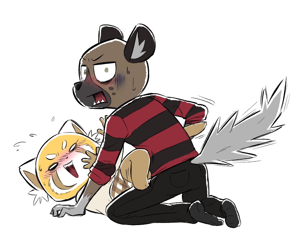 2023 age_difference aggressive_retsuko ailurid anthro blush bottomwear caramelpopcoms2 caught clothing colored duo female footwear haida hyena kneeling looking_at_viewer lying male male/female mammal motion_lines on_back pattern_clothing pattern_shirt pattern_topwear red_panda retsuko's_mother rolled_up_sleeves sanrio shirt simple_background skirt socks striped_clothing striped_shirt striped_topwear stripes topwear