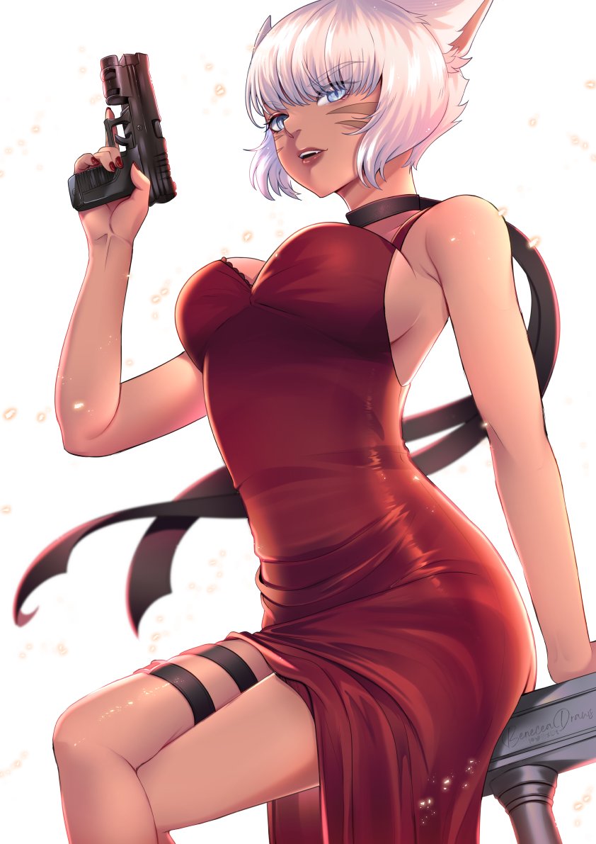 1girl ada_wong ada_wong_(cosplay) animal_ears breasts cat_ears cosplay dutch_angle facial_mark final_fantasy final_fantasy_xiv grey_eyes grey_hair gun handgun large_breasts miqo'te open_mouth pixie_(pixieinktvis) resident_evil resident_evil_2 resident_evil_2_(remake) scarf sitting solo thigh_pouch trigger_discipline weapon whisker_markings white_hair y'shtola_rhul