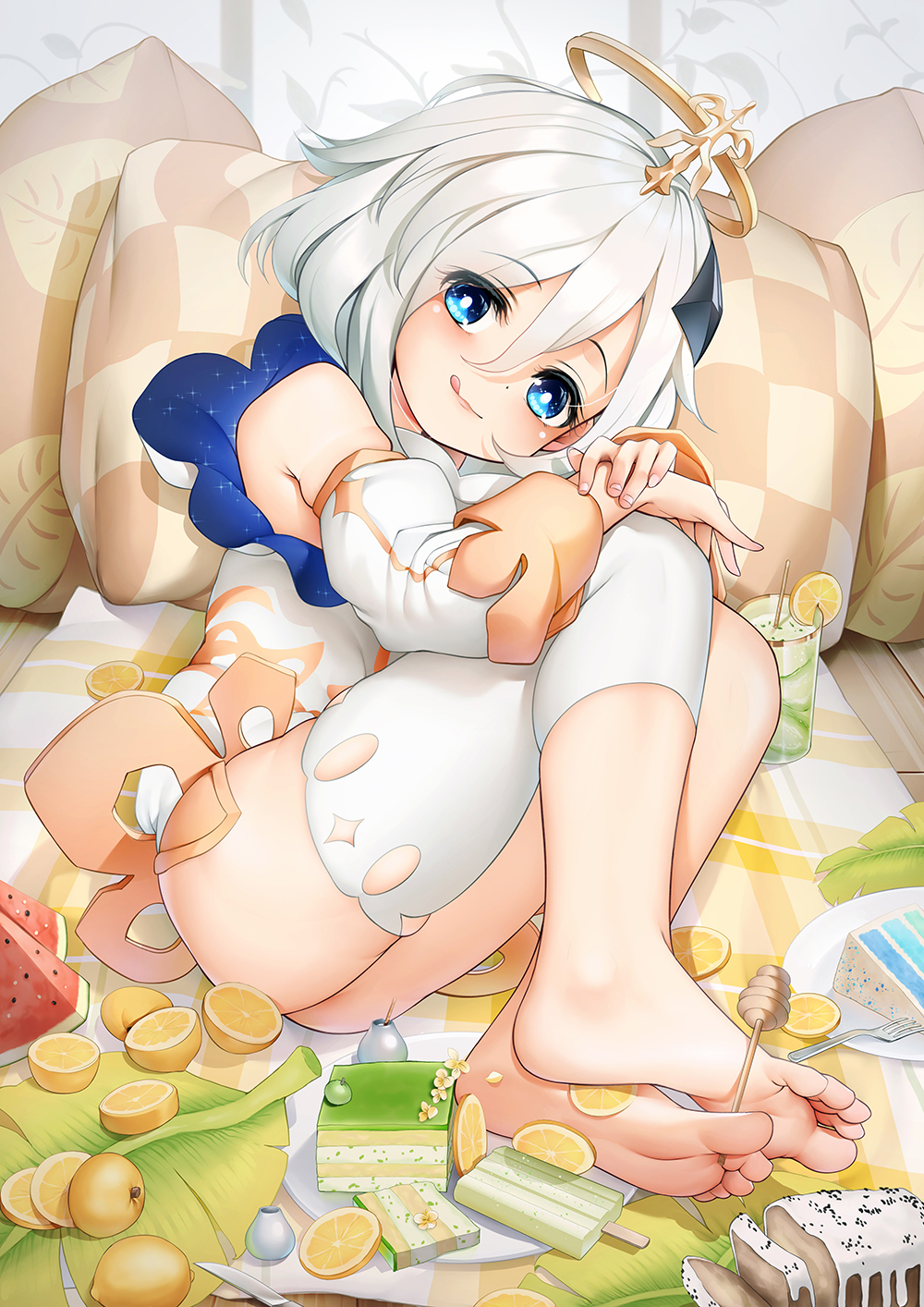 1girl an-telin banana_leaf bangs barefoot bed bed_sheet between_toes blue_eyes cake cocktail commentary detached_sleeves food fork fruit genshin_impact glass hair_between_eyes hair_ornament halo highres honey_dipper indoors knees_to_chest lemon lemon_slice licking_lips long_sleeves looking_at_viewer lying on_bed on_side paimon_(genshin_impact) pillow plate popsicle skindentation soles solo thighhighs thighs toes tongue tongue_out watermelon white_hair