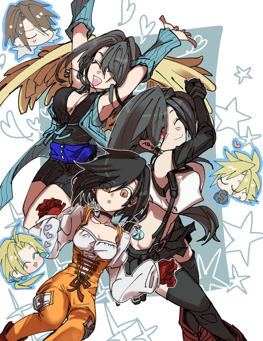 3boys 3girls :o angel_wings arm_warmers arms_up black_choker black_gloves black_hair black_shirt black_skirt black_thighhighs blonde_hair blouse blue_background blue_cardigan bodysuit breasts brown_eyes brown_hair cardigan chibi chibi_inset choker cleavage closed_eyes cloud_strife crop_top cross-laced_clothes dangle_earrings detached_sleeves earrings feathered_wings final_fantasy final_fantasy_ix final_fantasy_vii final_fantasy_viii fur_trim garnet_til_alexandros_xvii gloves hands_up happy heart highres jewelry juliet_sleeves jumping long_hair long_sleeves low_ponytail medium_hair multiple_boys multiple_girls necklace one_eye_closed open_mouth orange_bodysuit oshibainoticket ponytail puffy_long_sleeves puffy_sleeves red_eyes red_footwear red_gloves rinoa_heartilly scar scar_on_face shirt short_hair shorts simple_background single_earring skirt smile sparkle spiked_hair squall_leonhart square_background standing stud_earrings suspender_skirt suspenders sweatdrop thighhighs tifa_lockhart v-neck white_shirt wings yellow_wings zidane_tribal zipper_shorts