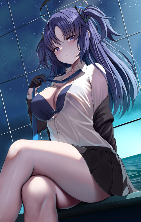 1girl :o black_gloves black_skirt blue_archive blue_eyes blue_hair blue_necktie blush breasts cleavage closed_mouth commentary_request crossed_legs gloves half_gloves halo long_hair looking_at_viewer medium_breasts necktie night night_sky shirt sitting skirt sky solo star_(sky) starry_sky two_side_up white_shirt yuuka_(blue_archive) zukky
