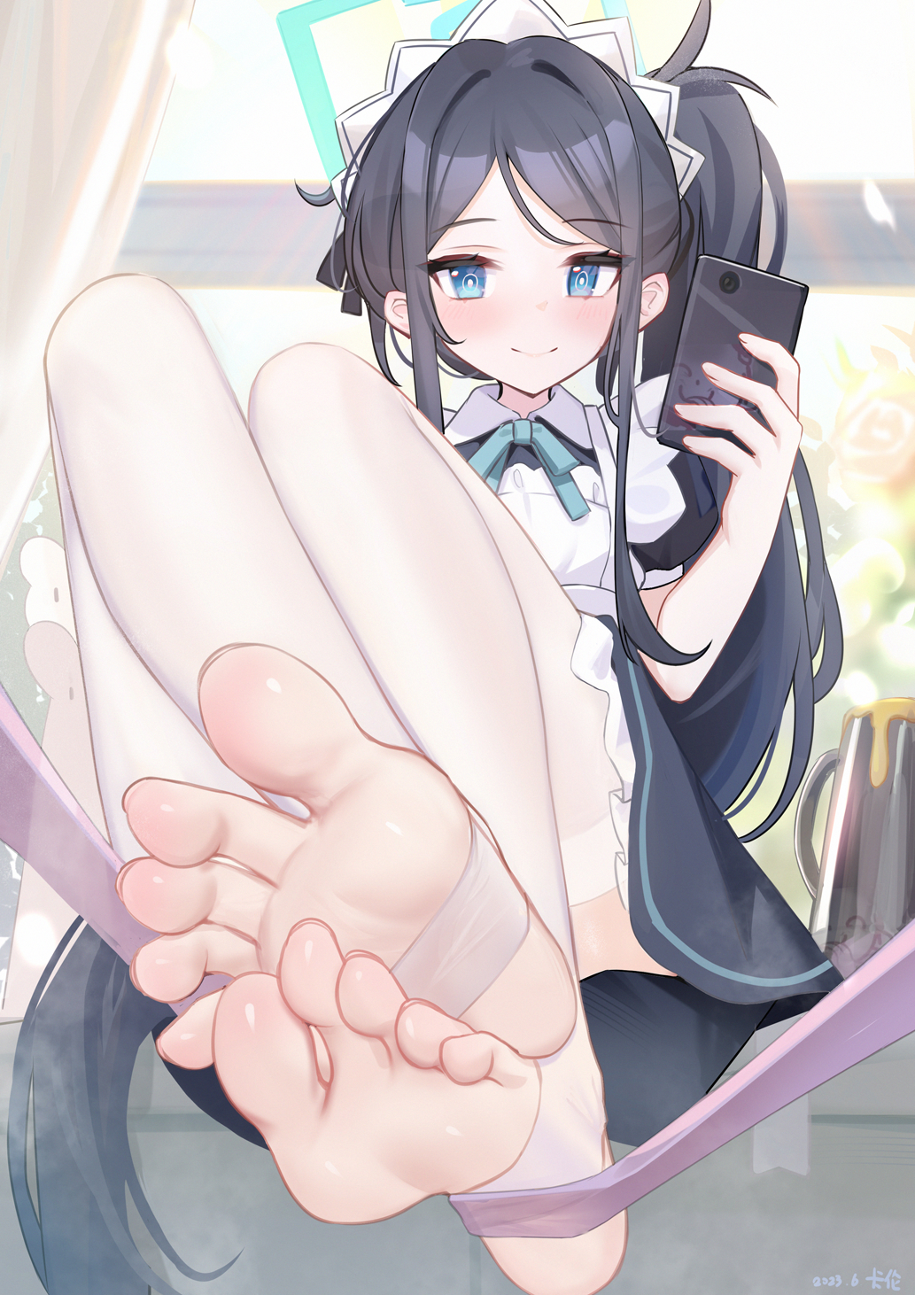 1girl apron aris_(blue_archive) aris_(maid)_(blue_archive) black_dress black_hair blue_archive blue_eyes blue_halo blue_ribbon blush cellphone closed_mouth collared_dress dress feet frilled_apron frills full_body halo highres holding holding_phone kalun_(fwme3378) legs legs_up long_hair maid maid_apron maid_headdress neck_ribbon no_shoes official_alternate_costume phone ribbon side_ponytail sidelocks sitting smartphone soles solo stirrup_legwear thighhighs toeless_legwear toes very_long_hair white_apron white_thighhighs