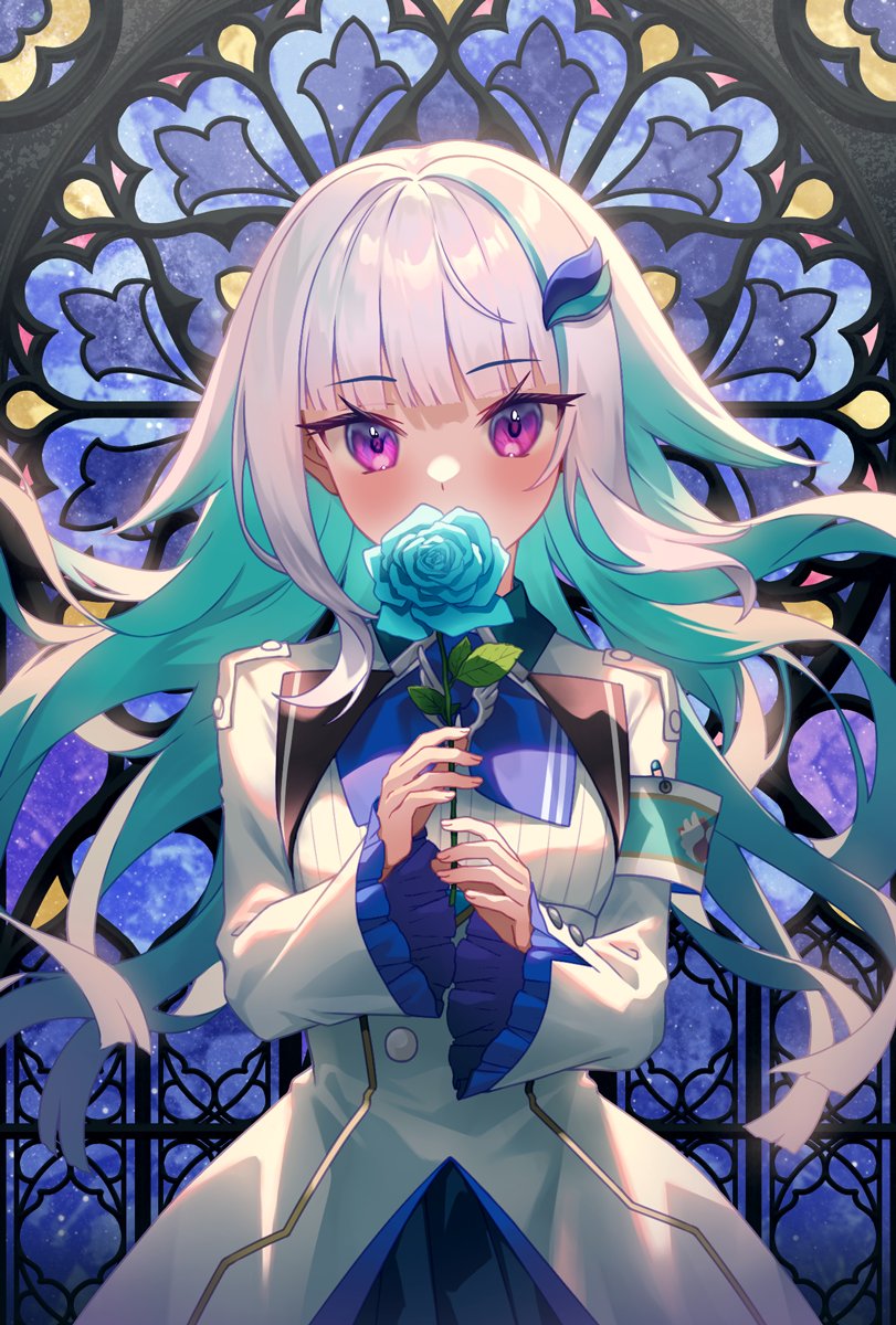 1girl armband blue_flower blue_hair blue_rose blunt_bangs colored_inner_hair commentary covering_mouth flower frilled_sleeves frills highres holding holding_flower kutori_pan'ya lize_helesta lize_helesta_(1st_costume) long_hair multicolored_hair nijisanji purple_eyes rose solo stained_glass symbol-only_commentary virtual_youtuber white_hair