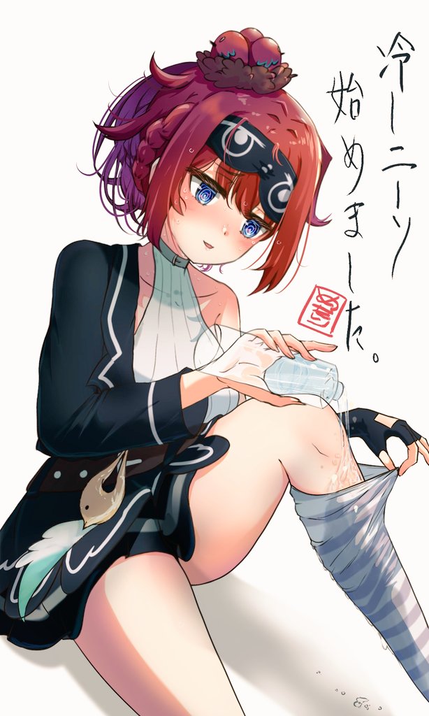 1girl @_@ akatsuki_(akatsukinotsuki) animal_on_head bird bird_nest bird_on_head blue_eyes bottle braid clothes_pull collarbone fingerless_gloves gloves holding holding_bottle knee_up kneehighs long_sleeves mutsuki_memori on_head pouring pouring_onto_self red_hair single_bare_shoulder single_fingerless_glove sleep_mask socks solo uni_create virtual_youtuber