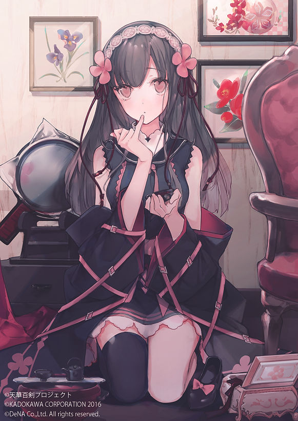 1girl bare_shoulders black_dress black_hair box chair cierra_(ra-bit) company_name copyright_name cosmetics cup dress flower hairband hands_up high_heels kneeling long_hair official_art painting_(object) parted_lips pink_eyes pinky_out solo string suishinshi_masahide_(tenka_hyakken) teacup teapot tenka_hyakken too_many_belts tray wide_sleeves wooden_wall