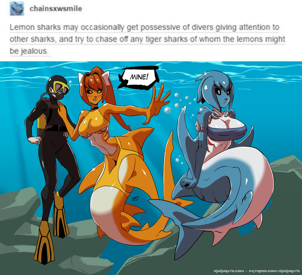 anthro big_breasts blush breasts clothed clothing digital_media_(artwork) female fin fish group hair human interspecies kukuruyoart male mammal marine non-mammal_breasts scuba_diving shark teeth text trio