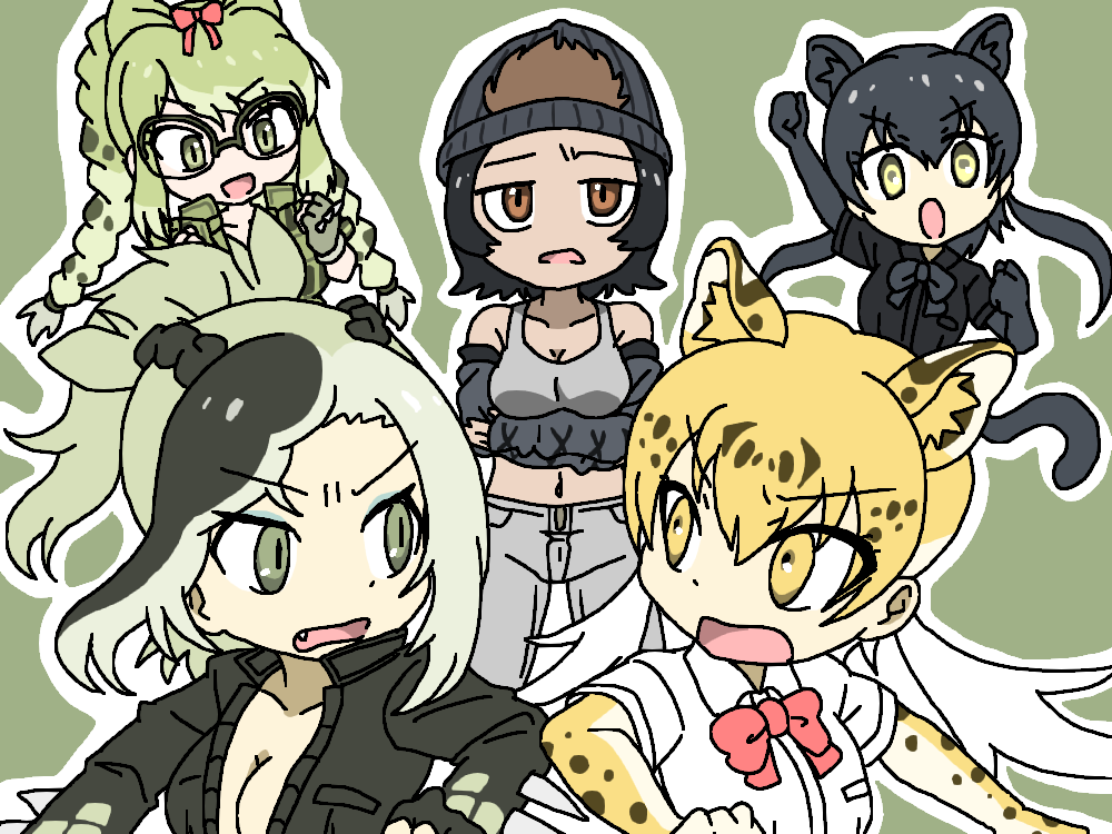 5girls :d animal_ears animal_print annoyed arm_up arms_under_breasts bare_shoulders beanie black_gloves black_hair black_leopard_(kemono_friends) black_shirt blonde_hair bow bowtie braid breasts brown_eyes brown_hair cheering chibi cleavage collarbone collared_jacket collared_shirt elbow_gloves extra_ears fang fingerless_gloves glasses gloves gorilla_(kemono_friends) green_background green_eyes green_gloves green_hair green_jacket grey_pants grey_tank_top hair_between_eyes hair_bow hair_through_headwear hand_up hat high_ponytail jacket kemono_friends kemono_friends_2 legs_apart leopard_(kemono_friends) leopard_ears leopard_girl leopard_print leopard_tail long_hair long_sleeves looking_at_another low_twintails medium_hair midriff multicolored_hair multiple_girls navel open_mouth outline outstretched_arm over-rim_eyewear pants partially_unzipped print_gloves raised_eyebrows red_bow red_bowtie rivalry saltwater_crocodile_(kemono_friends) semi-rimless_eyewear shirt simple_background slit_pupils smile spectacled_caiman_(kemono_friends) spiked_gloves spiked_jacket spiked_sleeves srd_(srdsrd01) standing stomach tail tan tank_top twin_braids twintails two-tone_hair v-shaped_eyebrows white_outline white_shirt wing_collar yellow_eyes zipper