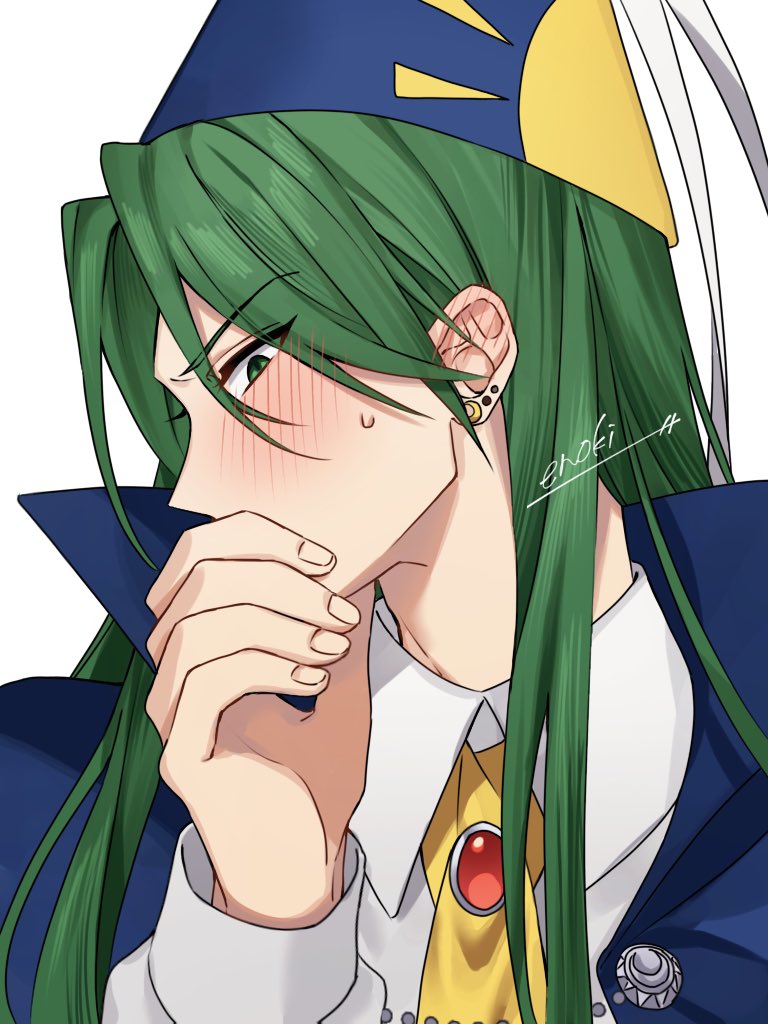 1boy ascot blue_capelet blush brooch capelet covering_mouth ear_blush earrings embarrassed enoki_3106 gem genderswap genderswap_(ftm) green_eyes green_hair hat jewelry long_hair long_sleeves mima_(touhou) parted_bangs puffy_long_sleeves puffy_sleeves red_gemstone sidelocks sideways_glance sideways_mouth signature simple_background stud_earrings sweatdrop touhou touhou_(pc-98) upper_body white_background witch_hat yellow_ascot