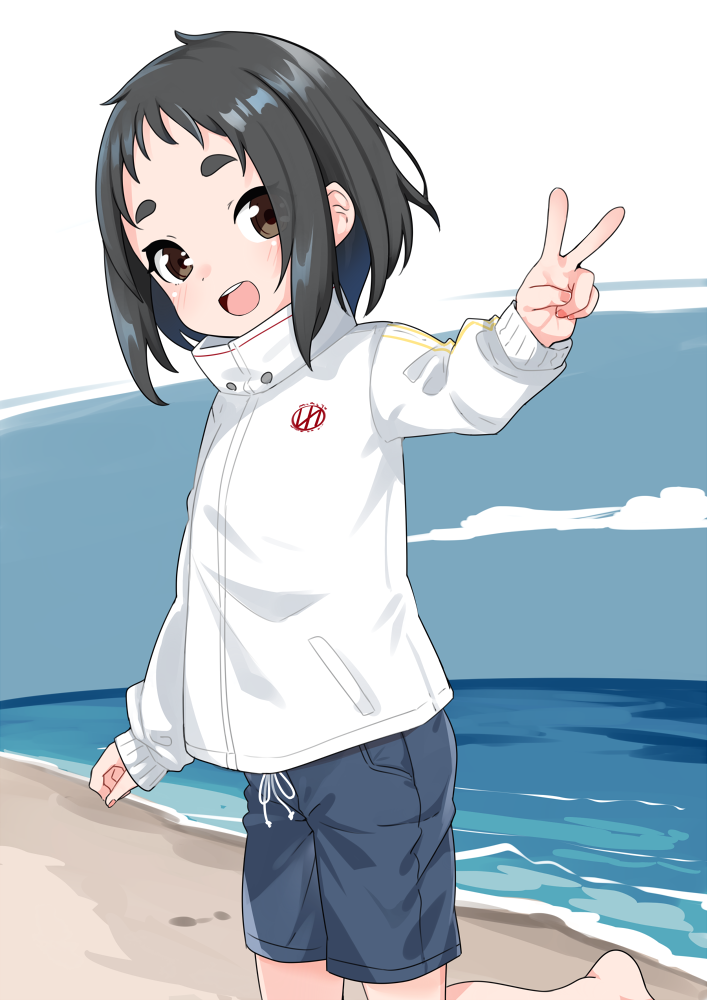 1girl :d black_hair blue_shorts brown_eyes commentary_request drawstring hand_up jacket kantai_collection long_sleeves looking_at_viewer maru-yu_(kancolle) nassukun open_mouth paid_reward_available partial_commentary puffy_long_sleeves puffy_sleeves short_hair shorts smile solo teeth thick_eyebrows upper_teeth_only v variant_set white_jacket