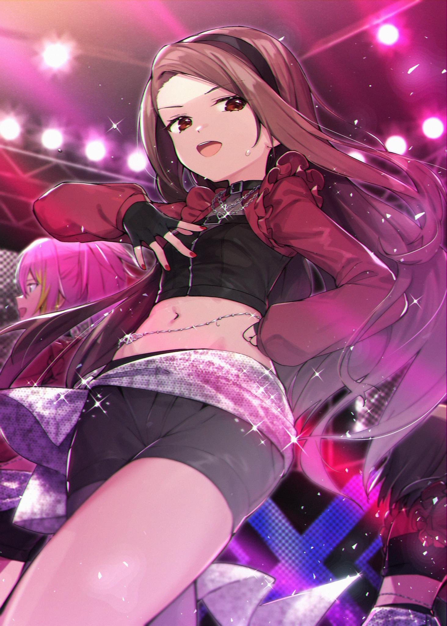 3girls black_gloves black_hair black_hairband black_shorts blonde_hair brown_eyes brown_hair character_request crop_top english_commentary fingerless_gloves gloves hairband highres idolmaster idolmaster_million_live! idolmaster_million_live!_theater_days long_hair maihama_ayumu minase_iori multicolored_hair multiple_girls nail_polish open_mouth pink_hair ponytail red_nails shennai_misha short_shorts shorts sparkle stage sweat