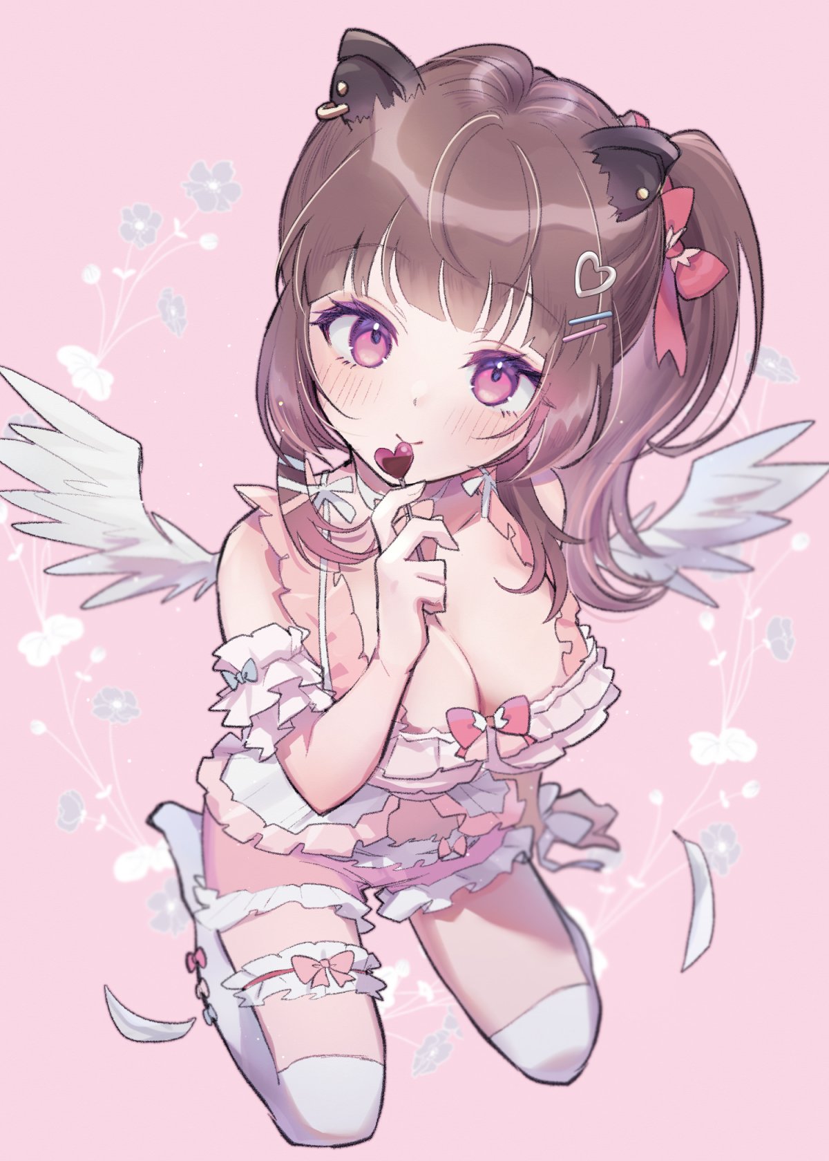 1girl animal_ear_piercing babydoll blunt_bangs blush bow breasts brown_hair candy capybara_ears cleavage closed_mouth commentary_request earrings feathered_wings feathers flower food frilled_babydoll frilled_shorts frills full_body hair_ornament hairclip heart heart_hair_ornament heart_lollipop high_side_ponytail highres holding holding_candy holding_food holding_lollipop jewelry kuzuhana large_breasts lollipop long_hair looking_at_viewer medium_bangs nanashi_inc. pink_background pink_bow pink_eyes pink_shorts seiza shaped_lollipop shorts sidelocks sitting smile solo stud_earrings thigh_strap thighhighs virtual_youtuber white_babydoll white_thighhighs white_wings wings yunohara_izumi