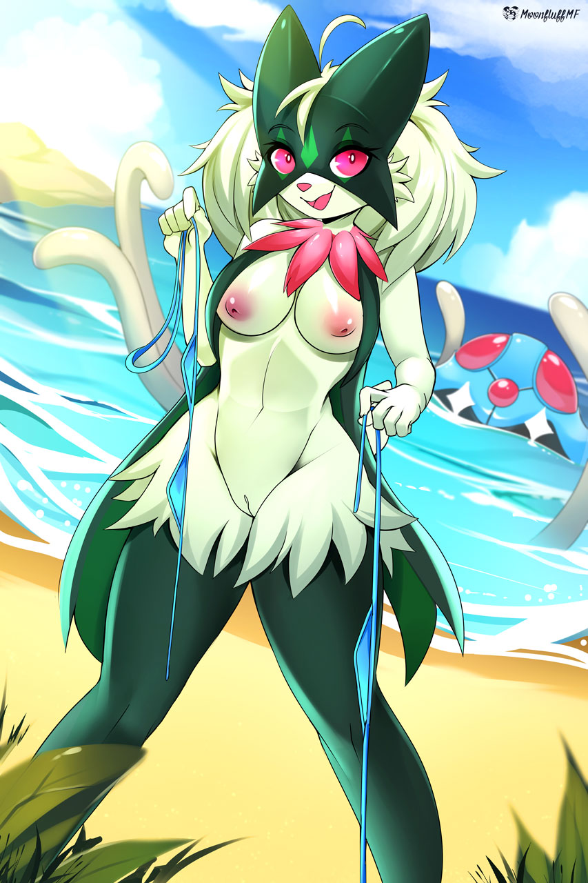 anthro beach clothing female fluffy fur generation_1_pokemon generation_9_pokemon genitals green_body green_fur green_hair hair hi_res looking_at_viewer looking_back looking_back_at_viewer mask meowscarada moonfluffmf nintendo nipples pink_eyes pokemon pokemon_(species) pussy seaside smile solo sun swimwear tentacles tentacruel water