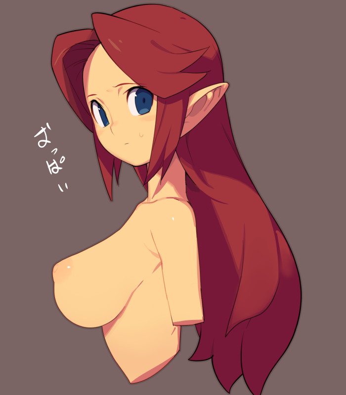 1girl blue_eyes blush breasts brown_background completely_nude cropped_arms cropped_torso forehead from_side large_breasts long_hair looking_at_viewer looking_to_the_side malon metata nipples nude pointy_ears red_hair simple_background solo sweatdrop the_legend_of_zelda the_legend_of_zelda:_ocarina_of_time translation_request upper_body