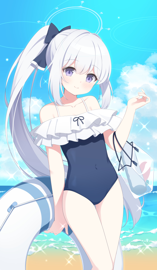 1girl beach blue_archive blue_bow blue_one-piece_swimsuit blue_sky bow breasts casual_one-piece_swimsuit closed_mouth collarbone commentary covered_navel feet_out_of_frame frilled_one-piece_swimsuit frills hair_between_eyes hair_bow halo holding holding_innertube ikataruto innertube long_hair looking_at_viewer miyako_(blue_archive) miyako_(swimsuit)_(blue_archive) ocean off-shoulder_one-piece_swimsuit off_shoulder one-piece_swimsuit purple_eyes side_ponytail sky small_breasts smile solo spaghetti_strap standing swimsuit very_long_hair white_hair