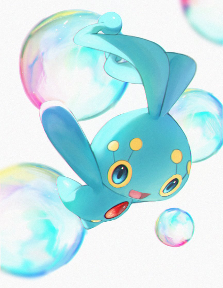 :d aqua_eyes blurry bubble commentary full_body horezai manaphy no_humans open_mouth pokemon pokemon_(creature) smile solo tongue white_background