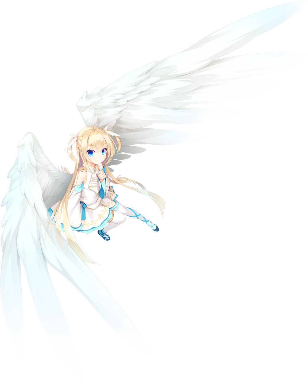 1girl angel angel_wings aqua_ribbon ascot bare_shoulders blonde_hair blue_bow blue_eyes blue_footwear blue_ribbon bow closed_mouth detached_sleeves feathered_wings feathers foreshortening frilled_skirt frills full_body fuyutsuki_tomo half_updo hand_up highres holding holding_feather leg_ribbon long_hair long_sleeves looking_at_viewer miniskirt official_art pleated_skirt ribbon shirayuki_noa shirt sidelocks simple_background skirt sleeveless sleeveless_shirt smile solo straight_hair tenshi_souzou thighhighs transparent_background two_side_up very_long_hair white_ascot white_feathers white_shirt white_skirt white_sleeves white_thighhighs white_wings wide_sleeves wing_hair_ornament wings zettai_ryouiki