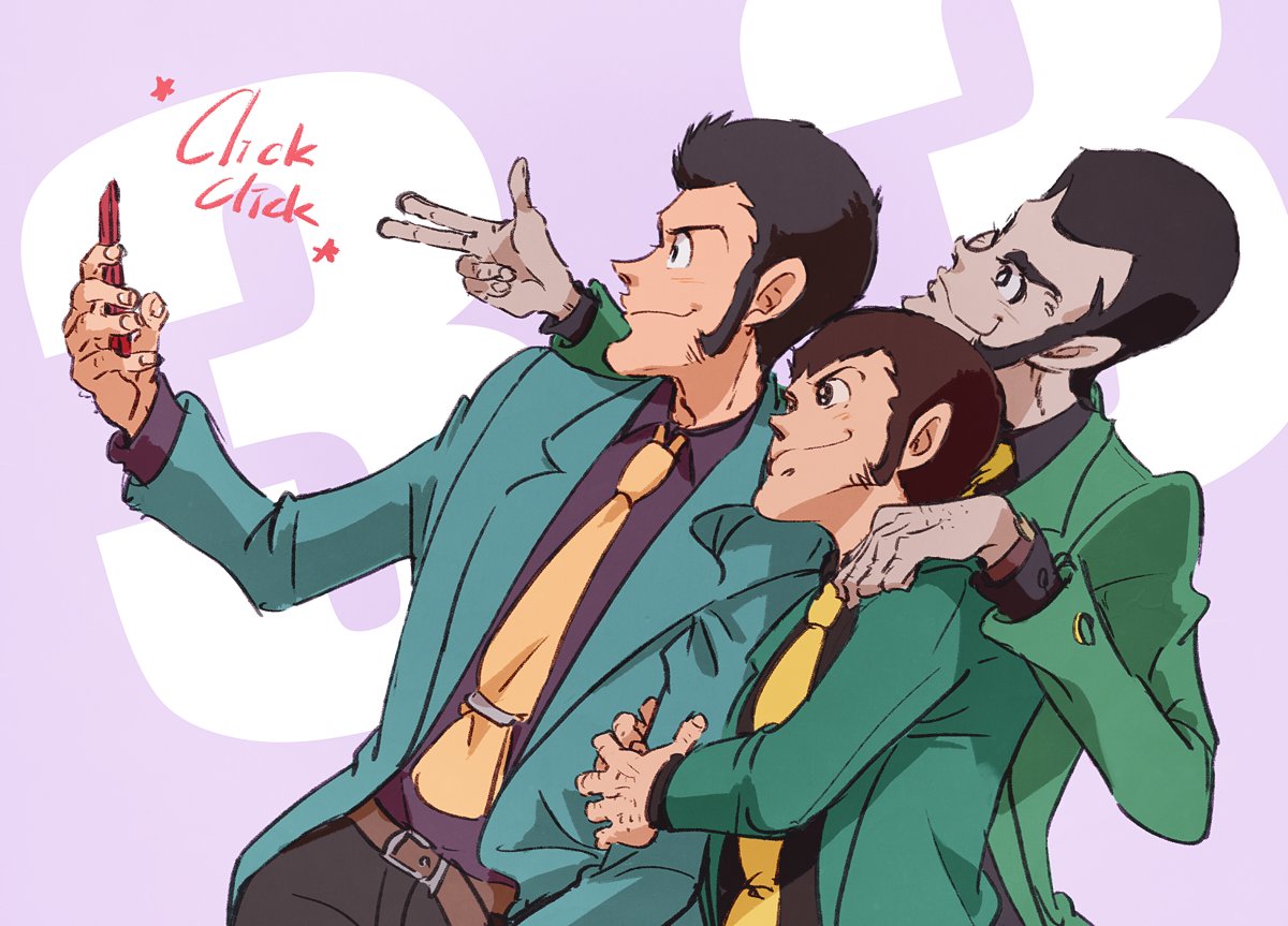 1boy arm_hug arsene_lupin_iii belt black_eyes black_pants black_shirt bright_pupils brown_belt collared_shirt dutch_angle finger_gun fingernails green_jacket hand_hair hand_on_another's_shoulder holding holding_phone jacket knuckle_hair long_sideburns long_sleeves lupin_iii lupin_the_third:_mine_fujiko_to_iu_onna male_focus multiple_persona necktie nowit7hotter pants phone purple_background selfie shirt short_hair sideburns sideburns_stubble smile white_pupils yellow_necktie