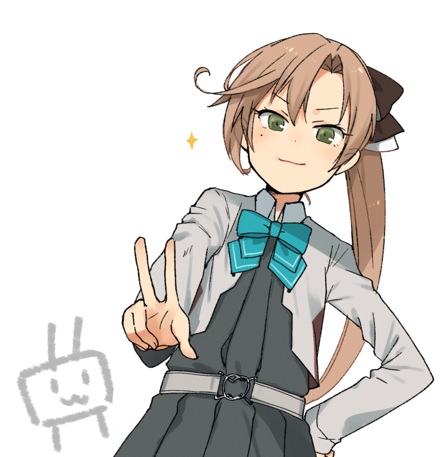 1girl akigumo_(kancolle) akigumo_kai_ni_(kancolle) annin_musou aqua_bow aqua_bowtie bow bowtie brown_hair dress green_eyes grey_dress hair_ribbon hand_on_own_hip kantai_collection long_hair mole mole_under_eye pleated_dress ponytail rensouhou-chan ribbon simple_background smile upper_body v white_background