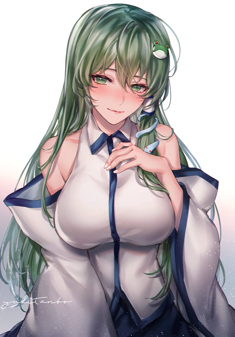 1girl bare_shoulders blue_skirt blush closed_mouth detached_sleeves frog_hair_ornament green_eyes green_hair hair_between_eyes hair_ornament hair_tubes japanese_clothes kochiya_sanae long_hair nontraditional_miko signature skirt smile snake_hair_ornament solo touhou upper_body white_sleeves wide_sleeves yuli_(yulipo)