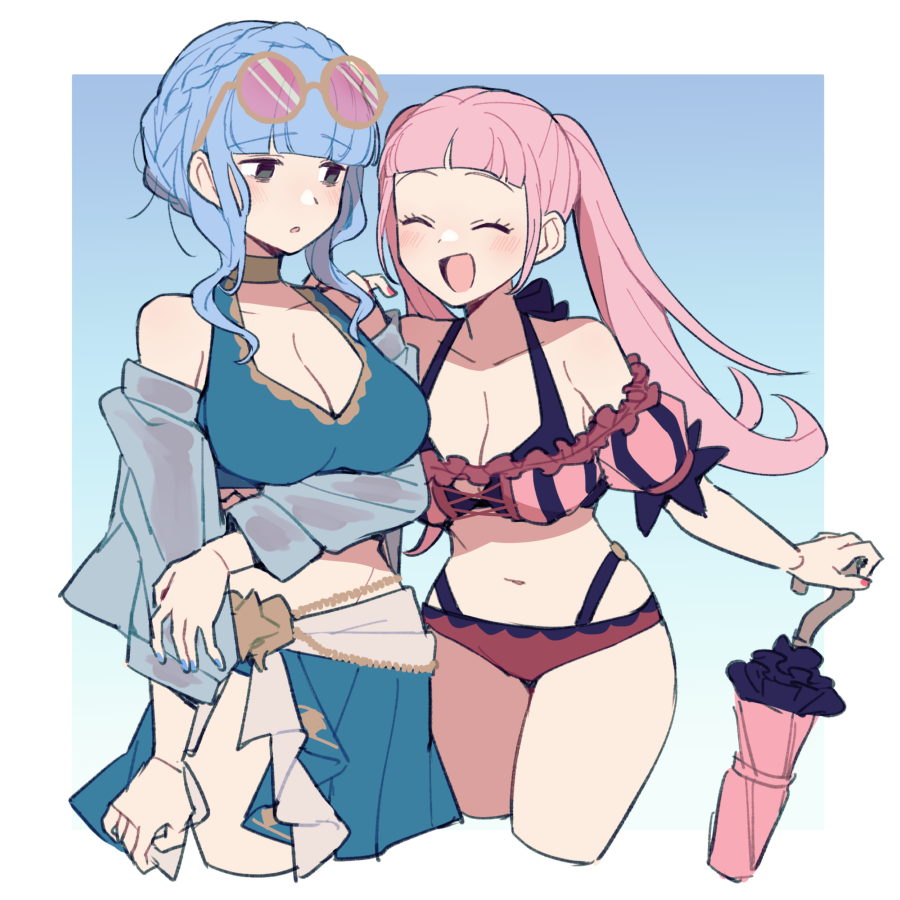 2girls :d ^_^ bare_shoulders bikini blue_bikini blue_hair blue_nails blue_skirt blunt_bangs blush braid breasts cleavage closed_eyes commentary_request cropped_legs crown_braid do_m_kaeru eyewear_on_head fire_emblem fire_emblem:_three_houses fire_emblem_heroes grey_eyes hand_on_another's_shoulder hilda_valentine_goneril hilda_valentine_goneril_(summer) holding holding_umbrella long_hair looking_at_another marianne_von_edmund marianne_von_edmund_(summer) multiple_girls navel off_shoulder official_alternate_costume open_mouth pink_bikini pink_nails round_eyewear skirt smile sunglasses swimsuit twintails umbrella
