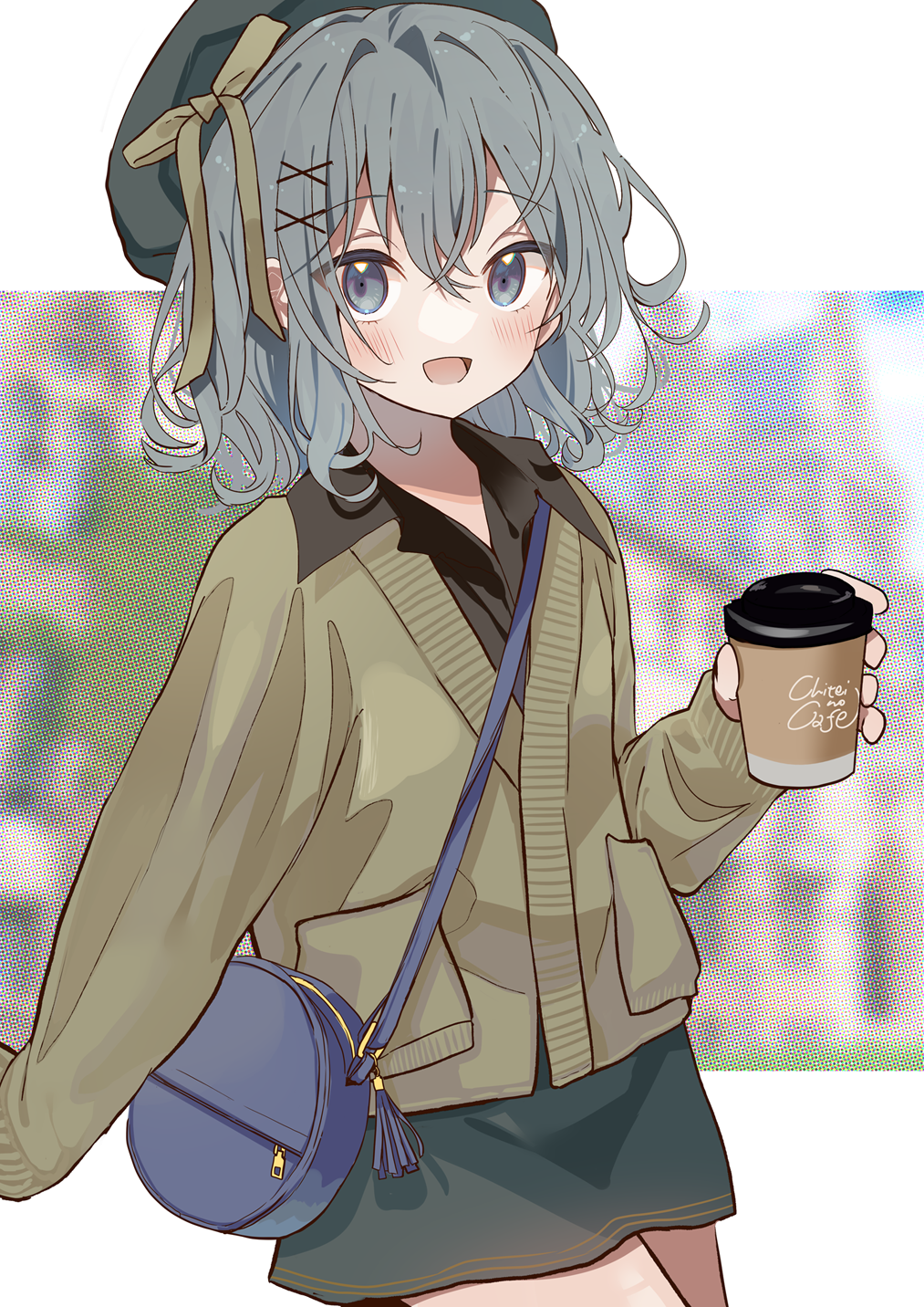 1girl adapted_costume bag beret black_shirt blush coffee_cup collared_shirt cowboy_shot cup disposable_cup green_eyes green_headwear green_skirt grey_hair hair_between_eyes hair_ornament hat highres holding holding_cup jacket komeiji_koishi looking_at_viewer open_mouth shirt short_hair shoulder_bag skirt smile solo tamagogayu1998 touhou x_hair_ornament yellow_jacket