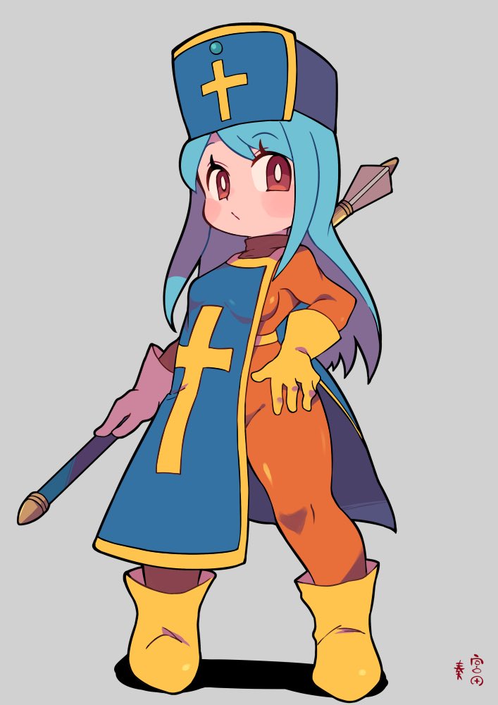 1girl blue_hair blue_headwear bodysuit bodysuit_under_clothes boots breasts closed_mouth commentary_request cross dragon_quest dragon_quest_iii full_body gloves grey_background hand_on_own_hip hat holding latin_cross long_hair medium_breasts mitre miyata_(lhr) orange_bodysuit priest_(dq3) red_eyes shadow signature simple_background solo tabard very_long_hair yellow_footwear yellow_gloves