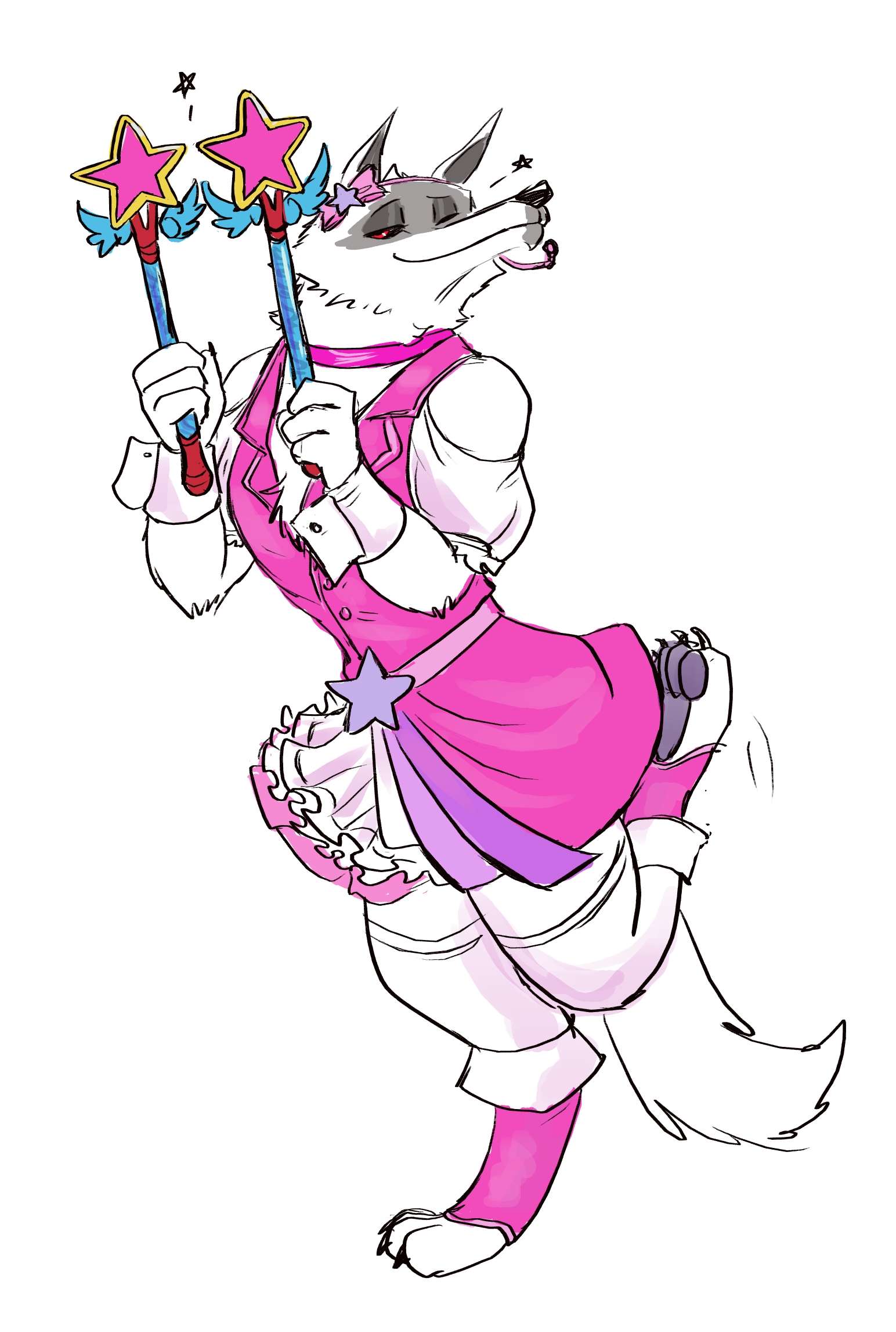 anthro canid canine canis clothed clothing crossdressing death_(puss_in_boots) dreamworks dress dual_wielding fluffy grin hi_res holding_object holding_weapon magical_girl_outfit male mammal one_eye_closed one_leg_up puss_in_boots_(dreamworks) raised_leg red_eyes smile solo star ultimatellurker weapon wink wolf