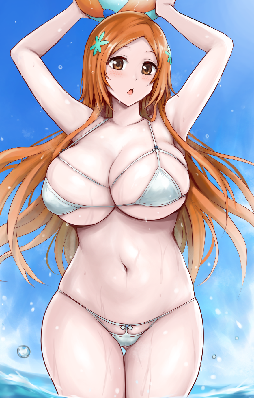 1girl arms_up ass_visible_through_thighs ball beachball bikini bleach bleach:_sennen_kessen-hen blue_sky breasts brown_eyes brown_hair collarbone commentary_request hair_ornament hairpin highres holding holding_ball holding_beachball huge_breasts inoue_orihime looking_at_viewer micro_bikini multi-strapped_bikini_top navel ocean official_alternate_costume open_mouth parted_bangs partially_submerged r-binon revision silver_bikini sky solo string_bikini swimsuit thigh_gap wading wet