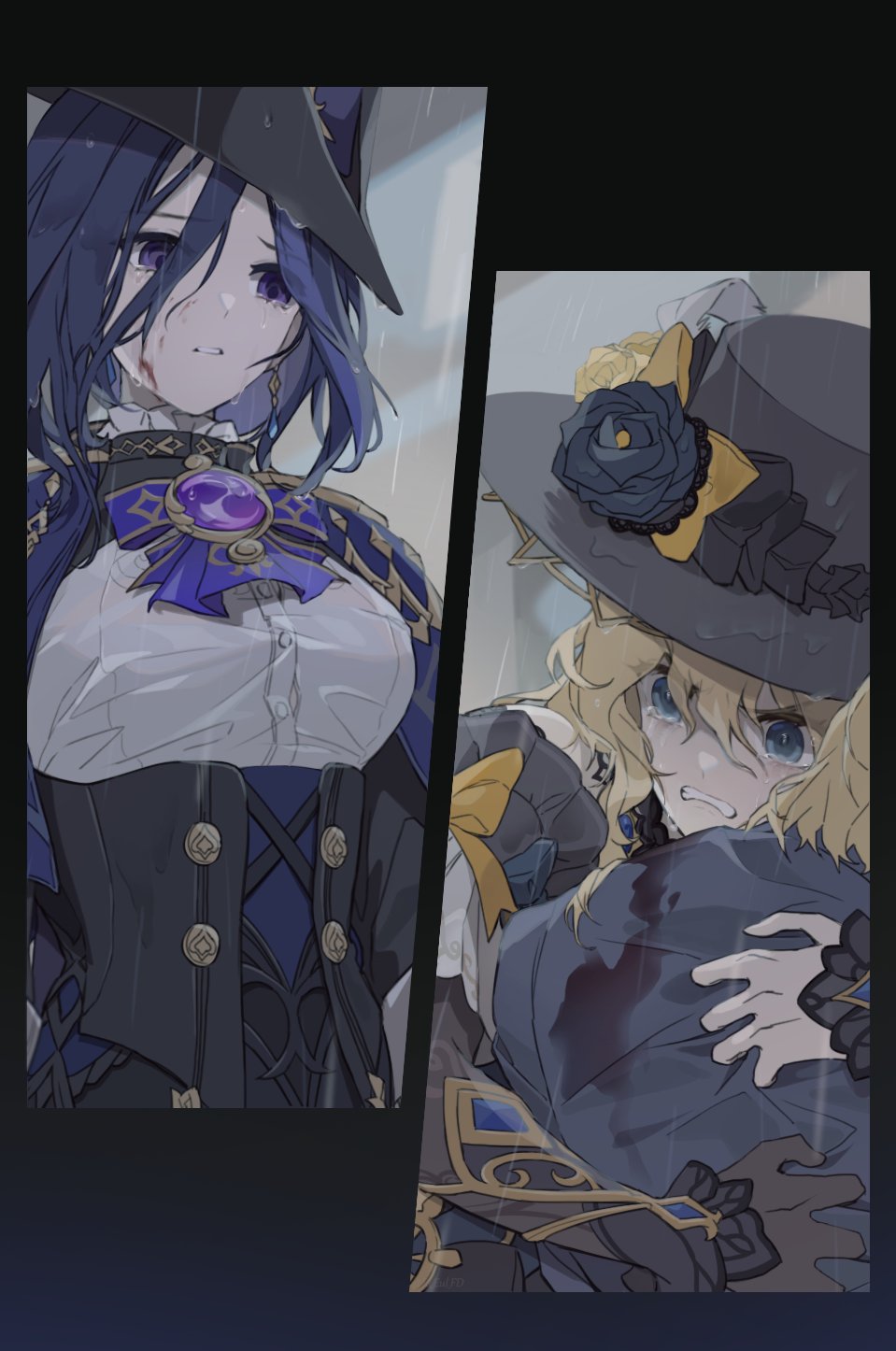 2girls angry armor black_bow black_corset black_flower black_headwear blonde_hair blood blue_eyes body_bag bow breasts brown_gloves clenched_teeth clorinde_(genshin_impact) corset crying earrings flower gem genshin_impact gloves hat hat_flower highres jewelry large_breasts long_hair multiple_girls navia_(genshin_impact) pauldrons purple_eyes purple_gemstone purple_hair ri_eul_fd shirt shoulder_armor teeth very_long_hair vision_(genshin_impact) white_shirt