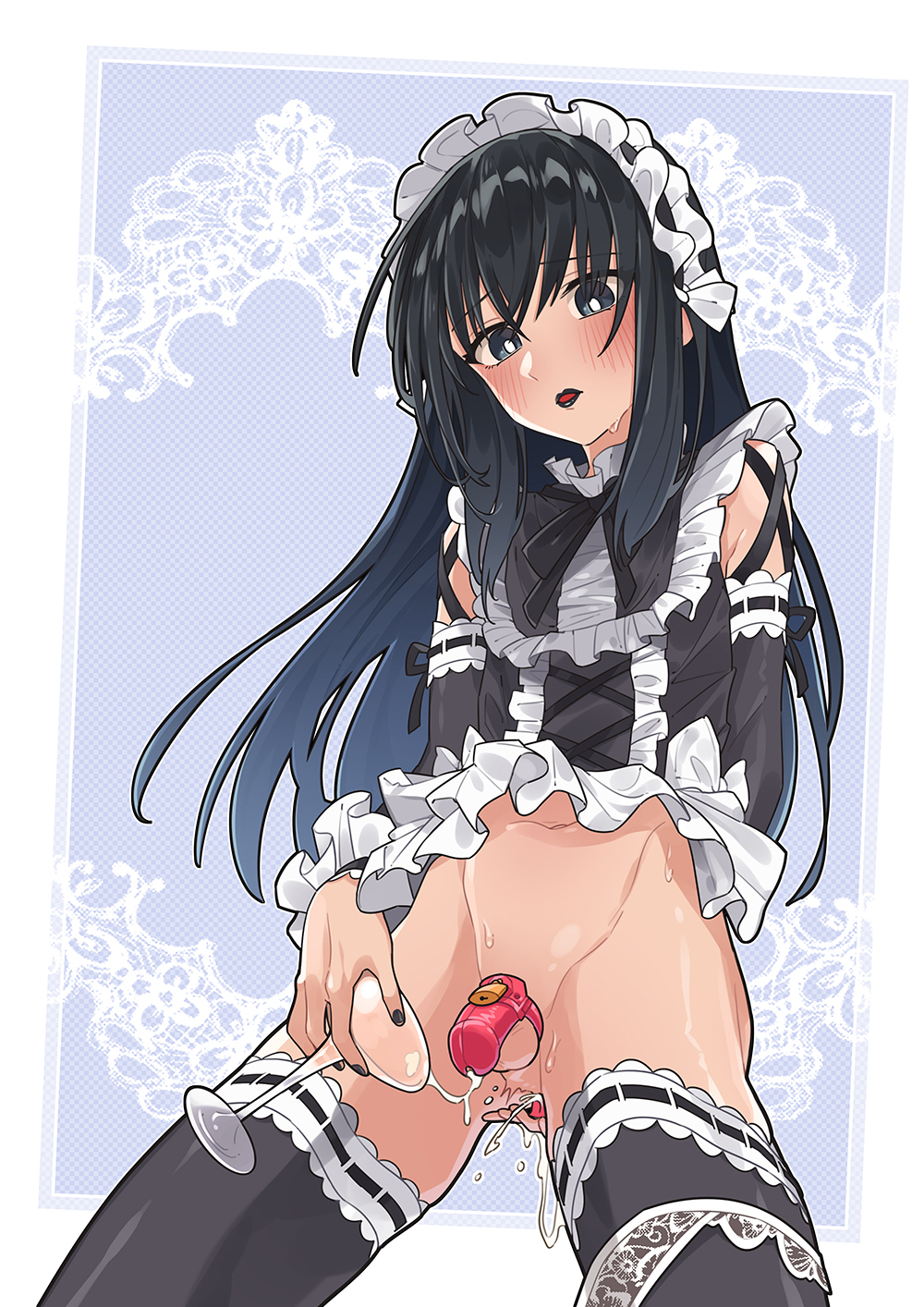 1boy black_eyes black_hair black_lips black_nails black_ribbon black_thighhighs blue_background border chastity_belt chastity_cage clothed_masturbation crossdressing cum cum_in_ass cup detached_sleeves highres holding holding_cup lipstick long_hair looking_down maid maid_headdress makeup male_focus male_masturbation masturbation meito moyashimon mubo open_mouth otoko_no_ko ribbon thighhighs white_background white_border yuuki_kei