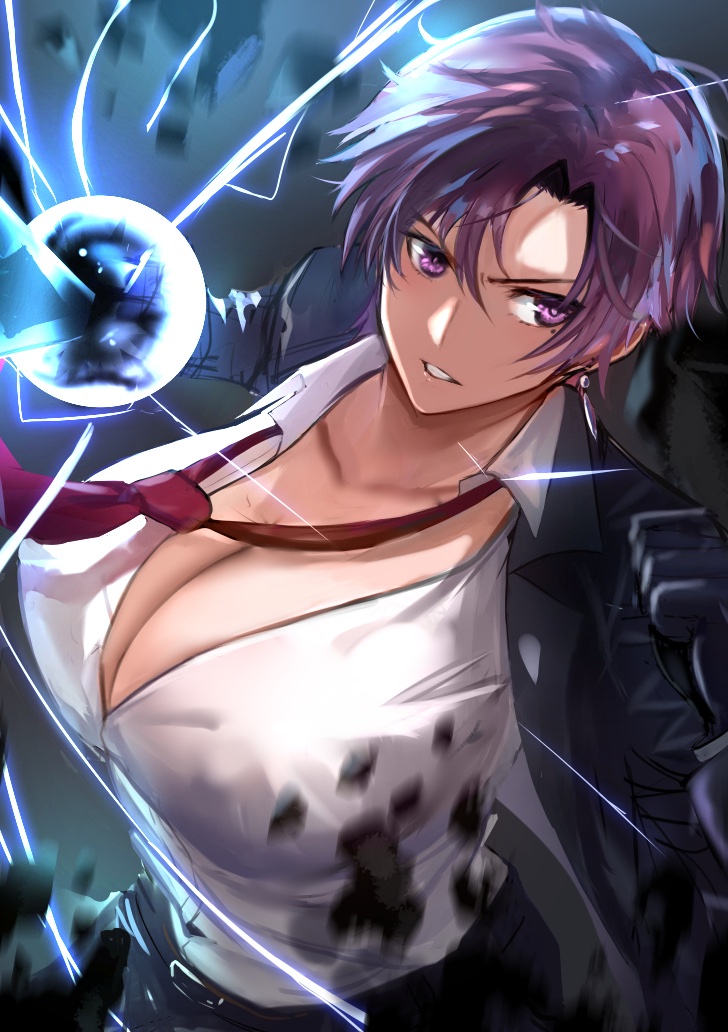 1girl bazett_fraga_mcremitz black_gloves black_suit breasts collared_shirt earrings fate/hollow_ataraxia fate_(series) formal fragarach_(fate) gloves jewelry jikihatiman large_breasts long_sleeves necktie pant_suit pants purple_eyes purple_hair red_necktie revision shirt short_hair solo suit upper_body white_shirt