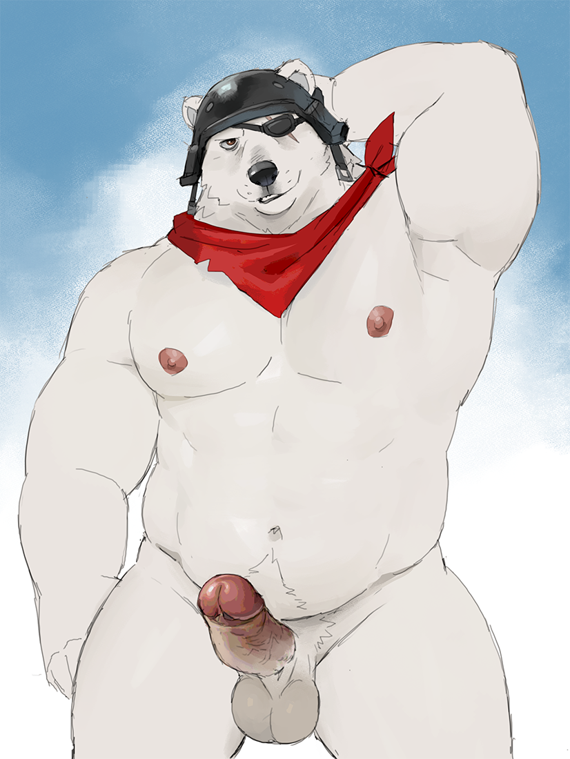 2023 abs anthro armor balls bear biceps epic_games erection eye_patch eyewear fortnite front_view genitals grin hand_behind_head headgear helmet humanoid_genitalia humanoid_penis looking_at_viewer male mammal manly musclegut muscular_arms muscular_legs navel nipples nude pecs penis polar_bear polar_patroller portrait pubes red_scarf rossciaco scarf simple_background smile solo standing thick_thighs three-quarter_portrait triceps ursine white_body