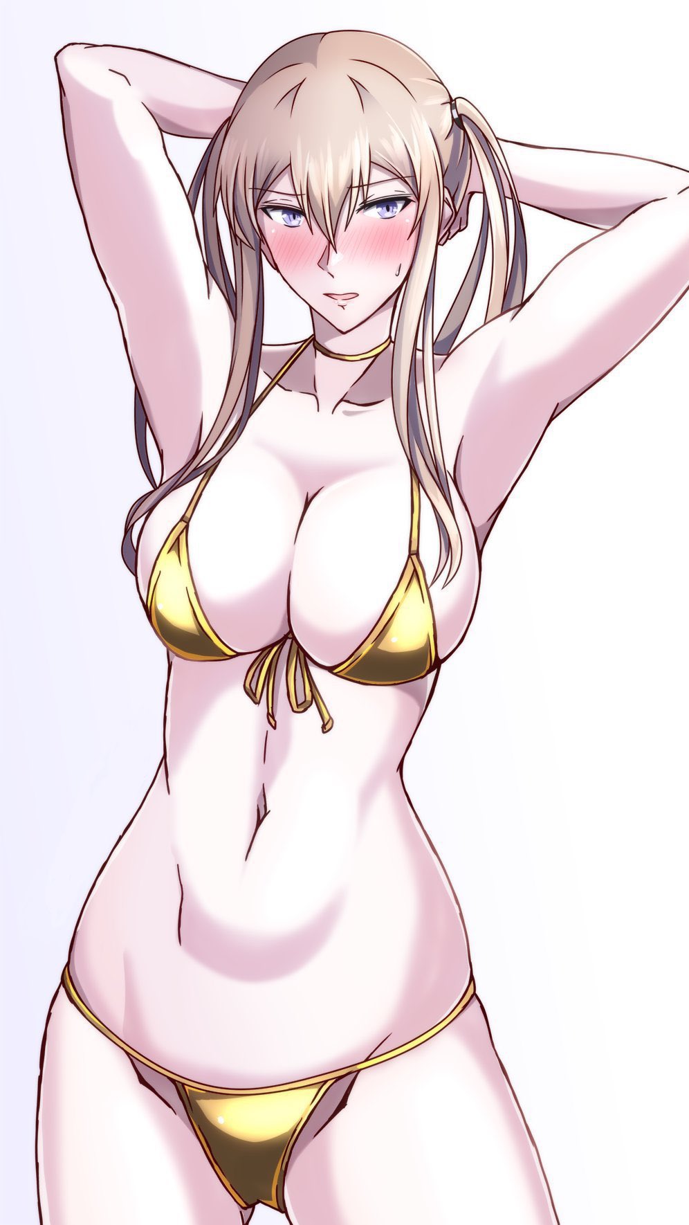 1girl arms_behind_head bikini bikini_day blonde_hair breasts cleavage cowboy_shot front-tie_bikini_top front-tie_top gold_bikini gradient_background graf_zeppelin_(kancolle) grey_eyes hair_between_eyes highres kantai_collection large_breasts misono_chiaki navel sidelocks solo standing swimsuit twintails white_background