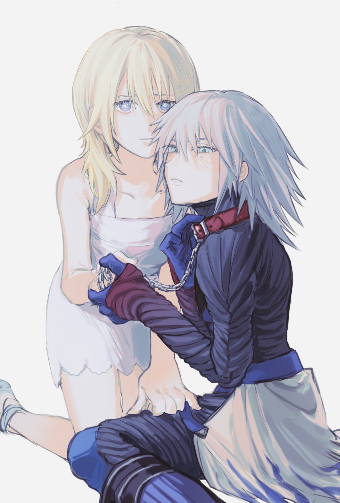 1boy 1girl blonde_hair blue_eyes chain collar commentary_request dress gloves grey_hair hair_between_eyes hand_on_another's_thigh highres holding holding_collar holding_hands kingdom_hearts kingdom_hearts_ii kneeling looking_at_viewer medium_hair namine nishinsobha open_mouth riku_(kingdom_hearts) riku_replica sitting spiked_hair sundress white_background white_dress