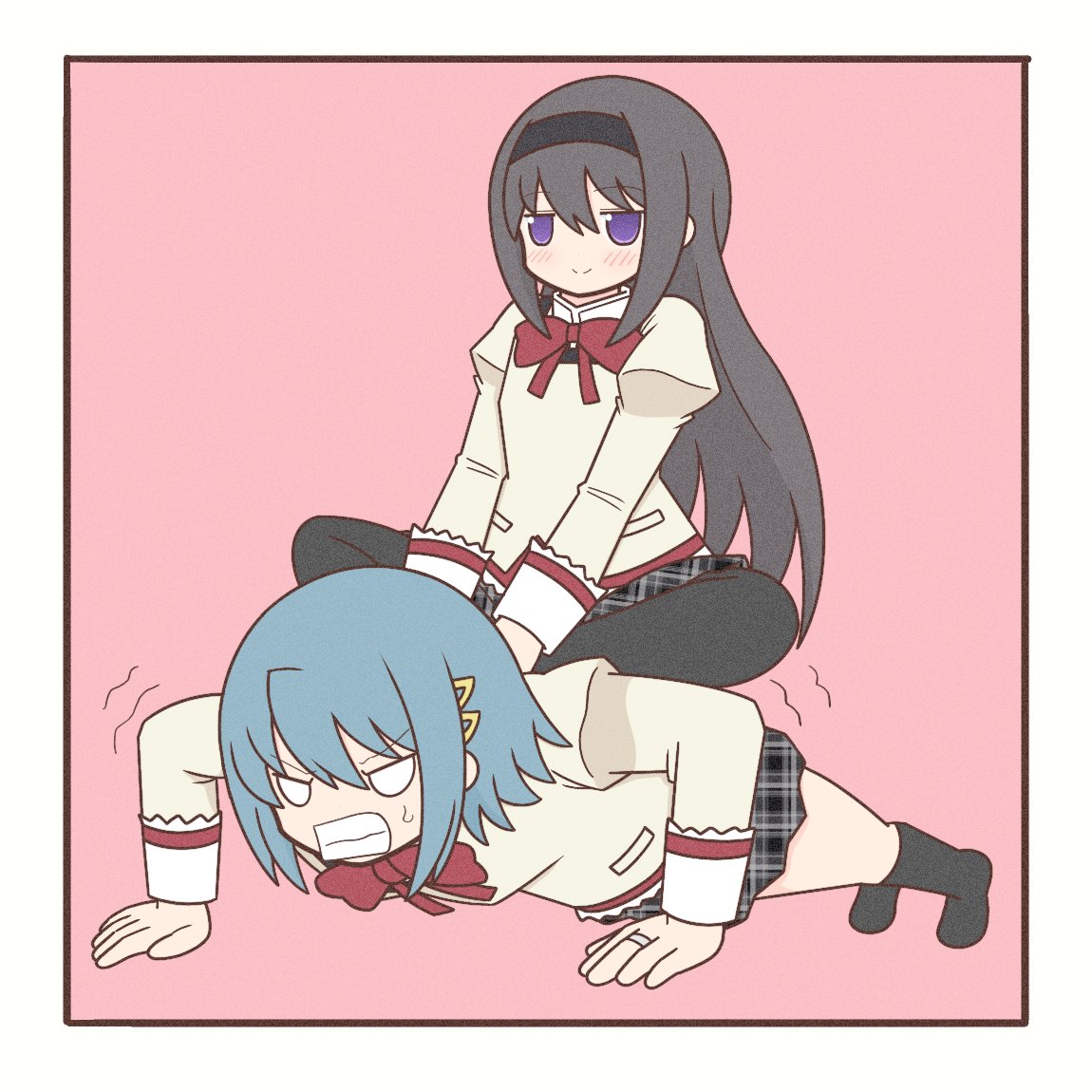 2girls :&gt; akemi_homura black_hairband black_pantyhose black_skirt black_socks blue_hair bow bowtie butterfly_sitting clenched_teeth exercise hair_ornament hairband hairpin hands_on_another's_back jewelry long_hair long_sleeves mahou_shoujo_madoka_magica miki_sayaka mitakihara_school_uniform multiple_girls pantyhose pink_background pocket purple_eyes push-ups red_bow red_bowtie ring school_uniform short_hair sitting sitting_on_person skirt socks sweater teeth very_long_hair yellow_sweater yuno385
