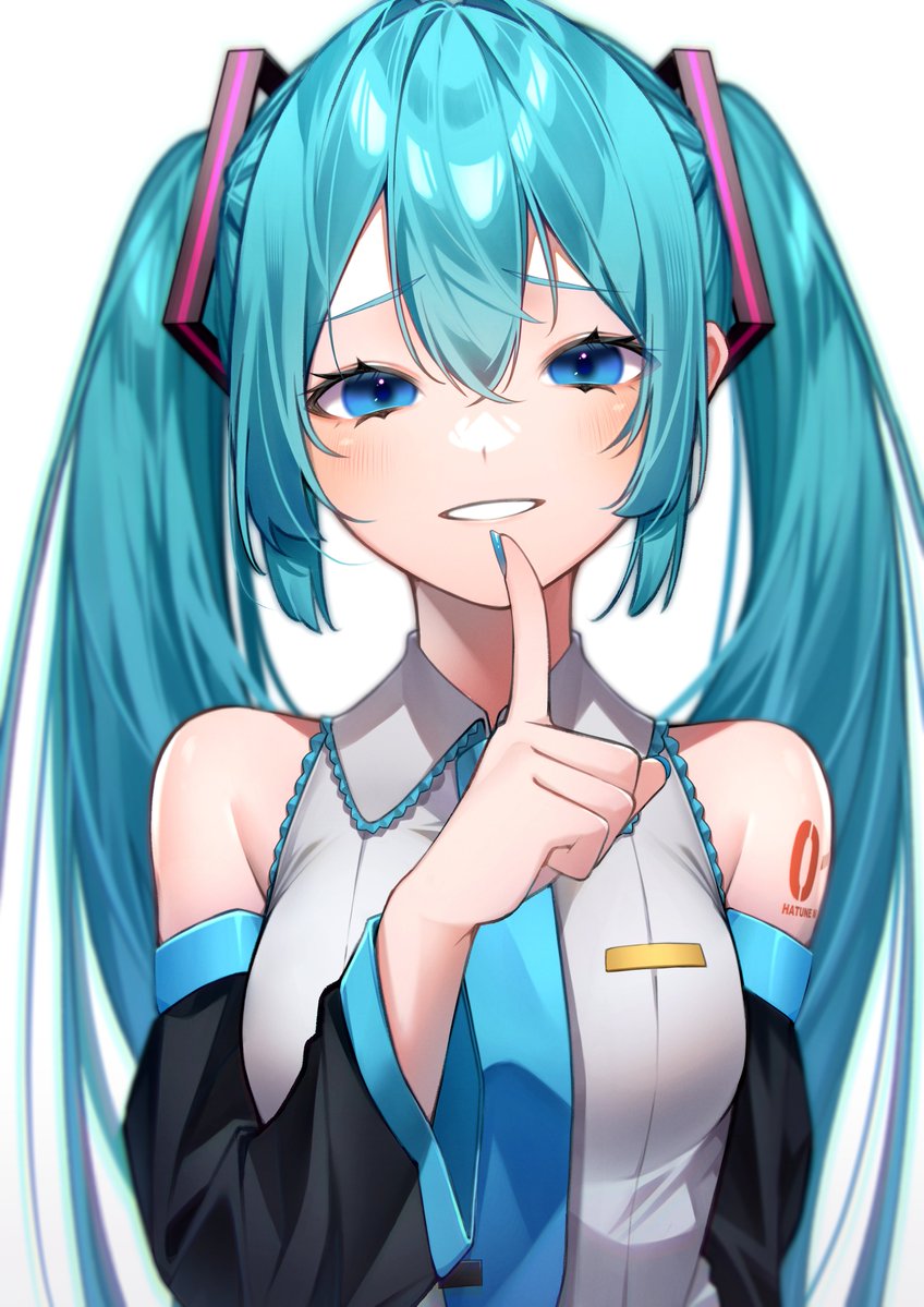 1girl arm_tattoo bare_shoulders black_sleeves blue_eyes blue_hair blue_nails blue_necktie breasts collar detached_sleeves dot_keter finger_to_mouth frilled_collar frills grin hair_between_eyes hatsune_miku index_finger_raised long_hair long_sleeves looking_at_viewer medium_breasts necktie shirt shushing simple_background sleeveless sleeveless_shirt smile solo tattoo twintails very_long_hair vocaloid white_background white_shirt wide_sleeves