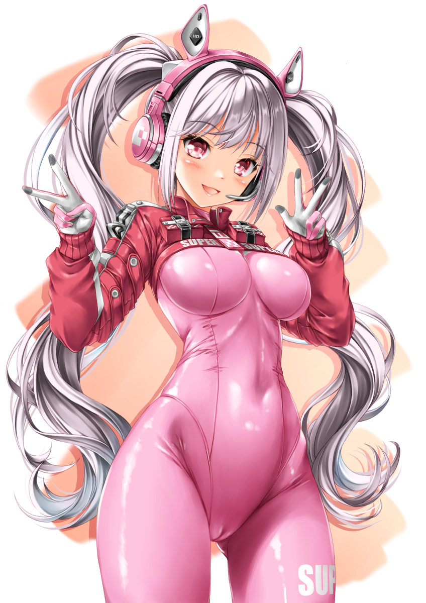 1girl alice_(nikke) blush bodysuit breasts cameltoe cleft_of_venus commentary_request covered_navel cowboy_shot gloves goddess_of_victory:_nikke grey_hair headphones highres kamiya_tomoe long_hair looking_at_viewer open_mouth pink_eyes red_eyes simple_background skin_tight smile solo twintails
