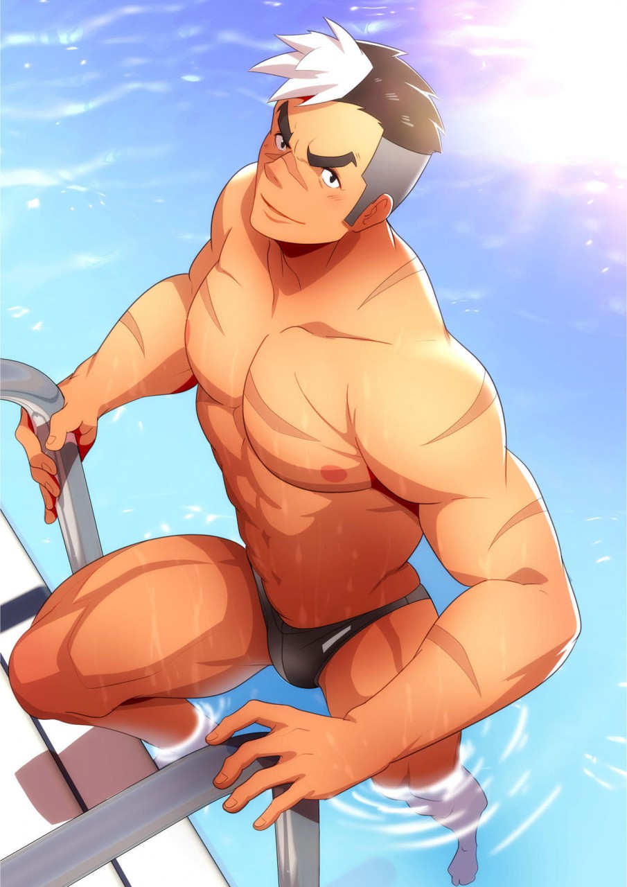 1boy abs asymmetrical_hair bara black_hair bulge closed_mouth day highres large_pectorals looking_at_viewer male_focus muscular muscular_male navel nipples outdoors pectorals scar scar_on_chest scar_on_face scar_on_nose short_hair sidecut smile solo sudo_(sudo_kurokawa) takashi_shirogane thick_thighs thighs too_many_scars undercut voltron:_legendary_defender voltron_(series) water white_hair
