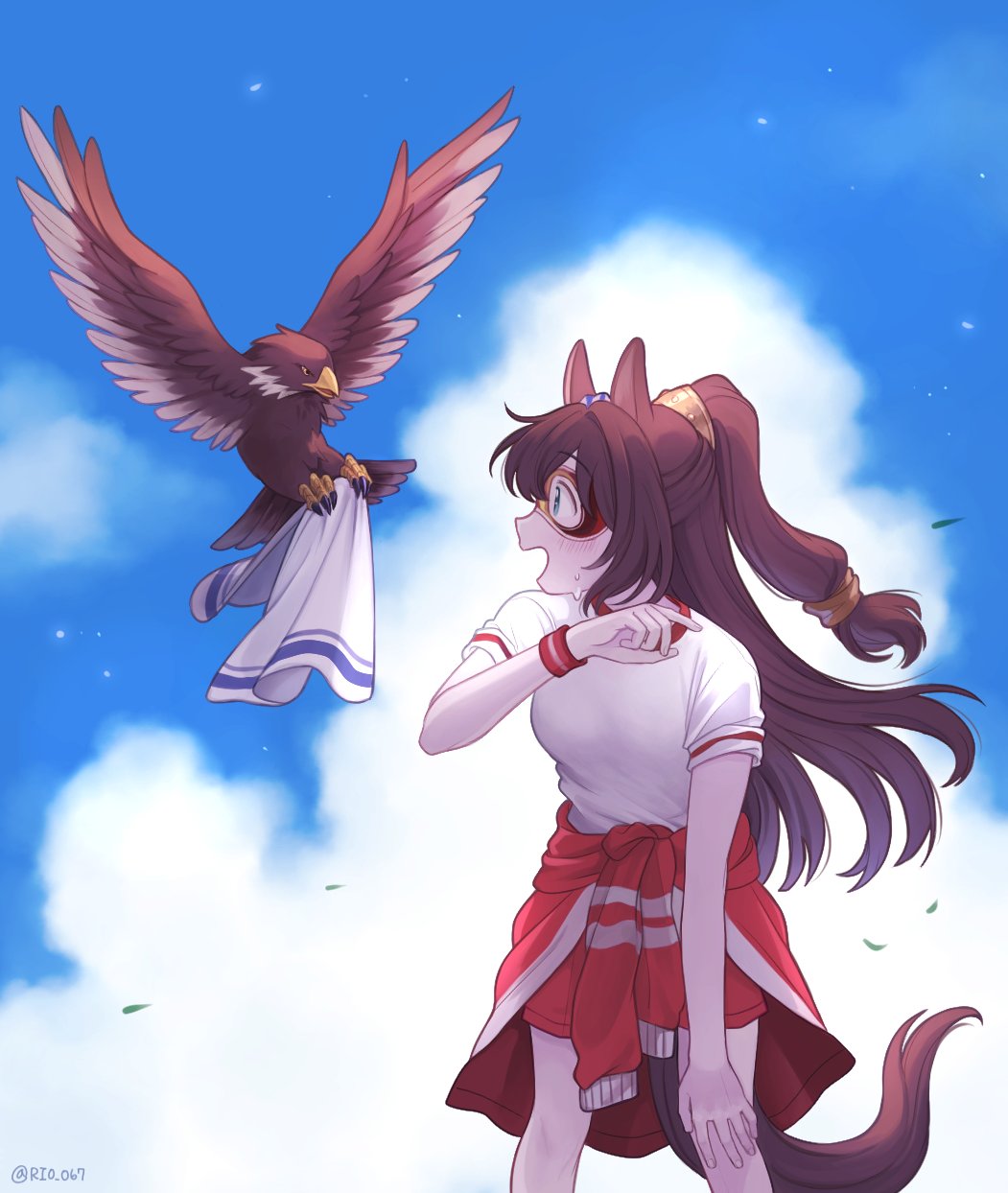 1girl animal_ears bird blue_eyes blue_sky brown_hair clothes_around_waist cloud cloudy_sky eagle el_condor_pasa_(umamusume) highres horse_ears horse_girl jacket jacket_around_waist long_hair mambo_(umamusume) mask open_mouth outdoors red_jacket rio_(rio_067) shirt short_sleeves shorts sky solo towel tracen_training_uniform track_jacket umamusume white_shirt white_shorts