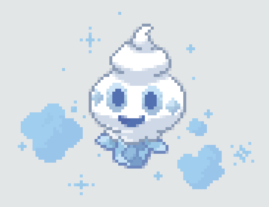 blue_eyes blue_sclera colored_sclera commentary english_commentary food frost full_body grey_background happy ice_cream looking_at_viewer no_humans open_mouth pixel_art pokemon pokemon_(creature) simple_background smile solo sparkle vanillite wisgarus