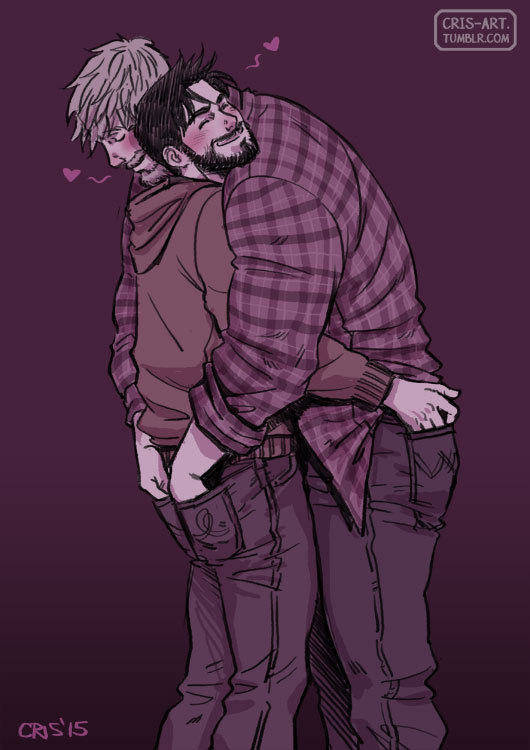 2boys alternate_costume alternate_facial_hair bad_id bad_tumblr_id bara beard black_hair blonde_hair blush collared_shirt couple cris_art denim facial_hair feet_out_of_frame from_side hand_in_another's_pocket hand_on_another's_ass happy head_on_another's_shoulder heart hood hoodie hulkling jeans leaning_on_person male_focus marvel multiple_boys muscular muscular_male pants pants_rolled_up purple_theme shirt short_hair sideburns standing thick_eyebrows thick_mustache wiccan yaoi