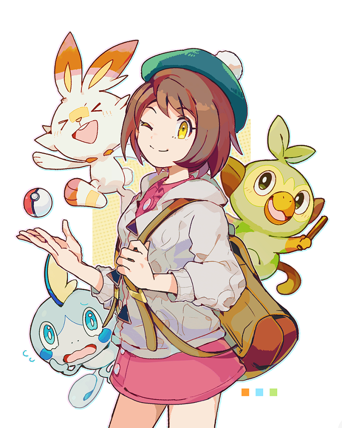 1girl backpack bag bob_cut brown_bag brown_hair buttons cable_knit cardigan closed_mouth collared_dress color_guide commentary_request dress gloria_(pokemon) green_headwear grey_cardigan grookey hat hooded_cardigan kayako_(bimabima) one_eye_closed pink_dress poke_ball poke_ball_(basic) pokemon pokemon_(creature) pokemon_(game) pokemon_swsh scorbunny short_hair smile sobble split_mouth starter_pokemon_trio tam_o'_shanter yellow_eyes