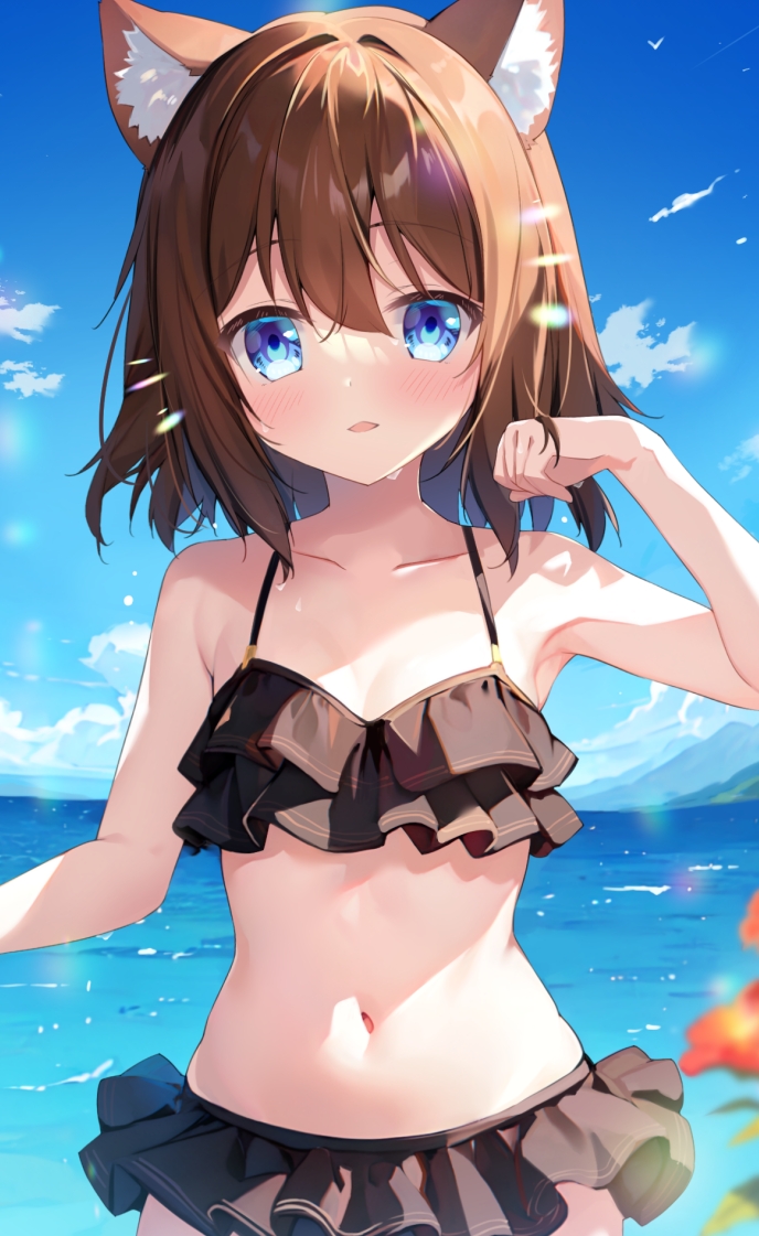 1girl animal_ear_fluff animal_ears bare_arms bare_shoulders bikini black_bikini blue_eyes blue_sky blush brown_hair cat_ears cloud collarbone copyright_request day flower frilled_bikini frills hair_between_eyes hand_up looking_at_viewer mountain nanamomo_rio navel outdoors parted_lips red_flower sky solo swimsuit water