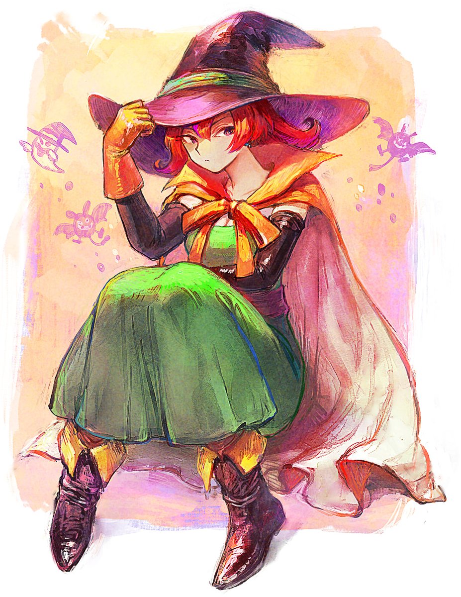 1girl adjusting_clothes adjusting_headwear black_sleeves boots breasts cape cleavage closed_mouth commentary_request detached_sleeves dracky dragon_quest dragon_quest_iii dress earrings ghost_(dragon_quest) gloves green_dress hat highres jewelry knees_up large_breasts looking_at_viewer mage_(dq3) mystical_high_collar orange_cape orange_gloves red_hair short_hair sitting strapless strapless_dress witch witch_hat yuza