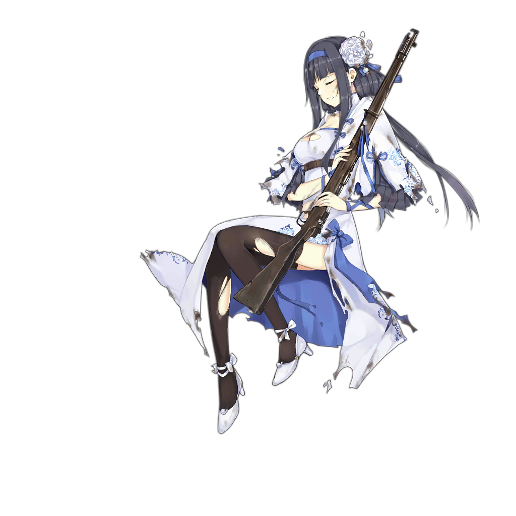 1girl ankle_ribbon black_hair black_thighhighs blue_hairband blue_ribbon breasts china_dress chinese_clothes cleavage_cutout closed_eyes clothing_cutout dress flower flower_request frown full_body girls'_frontline gun hair_flower hair_ornament hairband hao_(patinnko) high_heels holding holding_gun holding_weapon large_breasts leg_ribbon long_hair low_twintails official_alternate_costume official_art ribbon scorch_mark side_slit simple_background sitting solo teeth thighhighs torn_clothes torn_dress torn_ribbon torn_thighhighs transparent_background twintails type_81_carbine type_81_carbine_(girls'_frontline) type_81_carbine_(white_camellia)_(girls'_frontline) weapon white_flower white_footwear white_ribbon wrist_ribbon